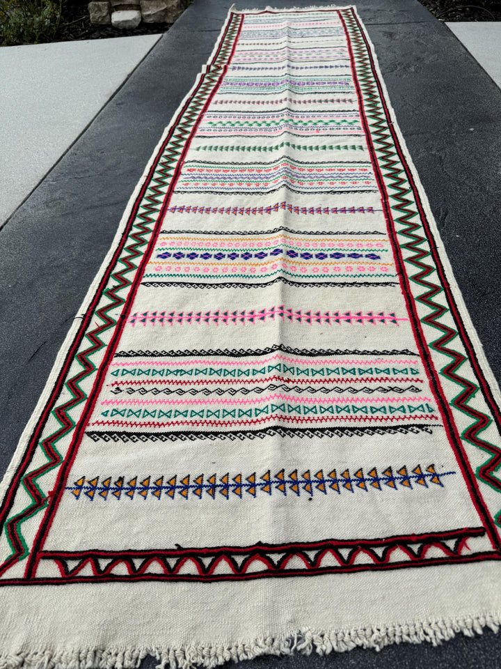 2x9 Handmade Afghan Kilim Soumak Runner Rug | White Cream Ivory Crimson Red Fuchsia Pink Forest Emerald Green Black Royal Blue Orange | Wool