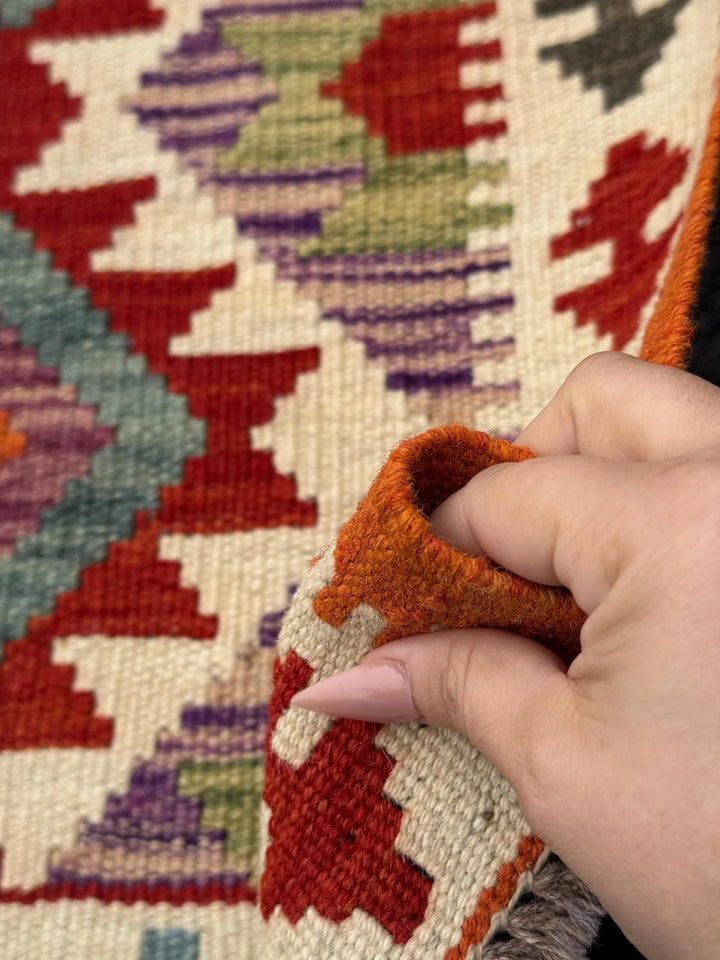 3x6 (91x182) Handmade Afghan Kilim Runner Rug | Orange Blood Red Purple Moss Forest Green Teal Prussian Blue Cream Sand | Wool Flatweave