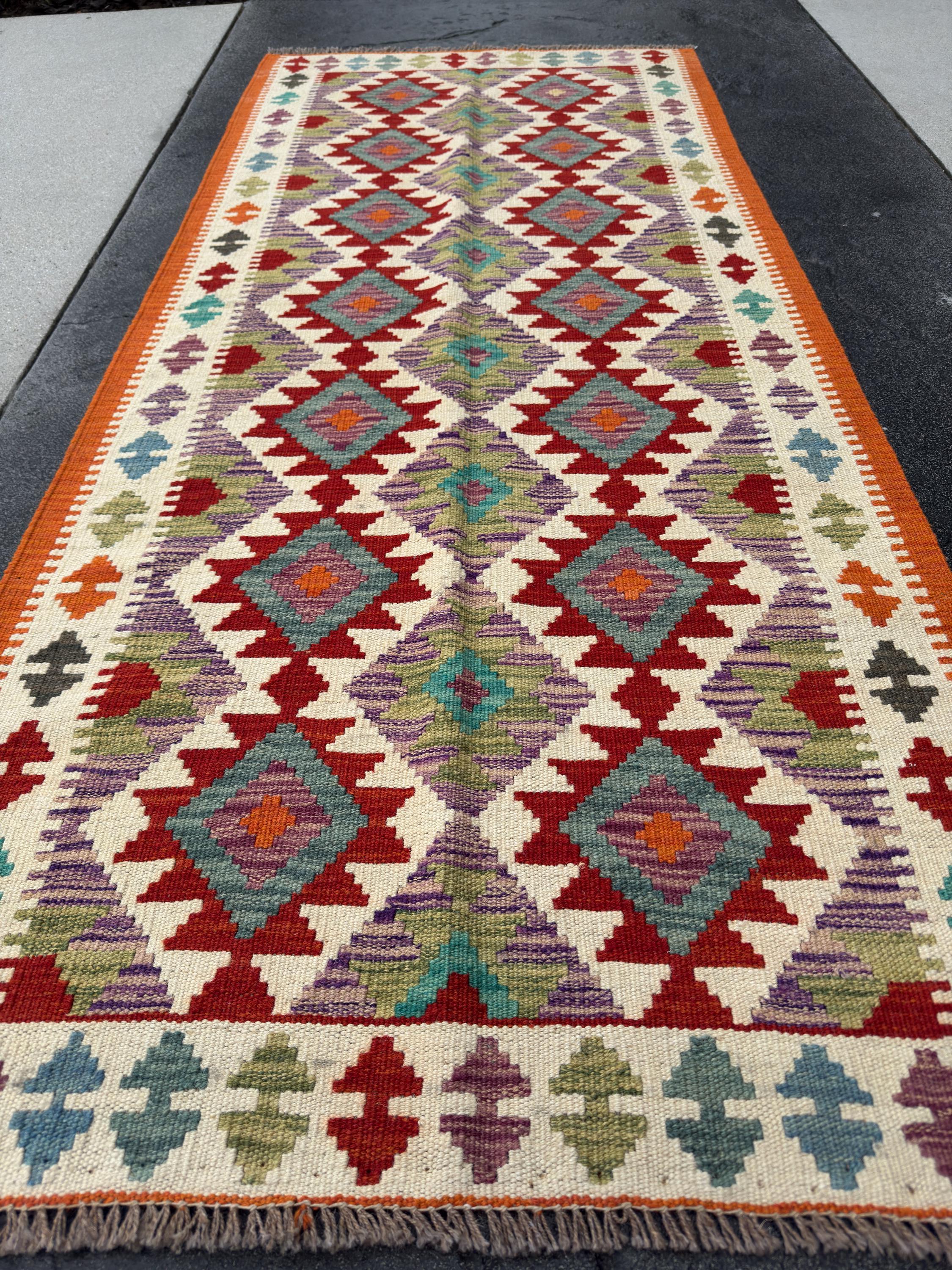 3x6 (91x182) Handmade Afghan Kilim Runner Rug | Orange Blood Red Purple Moss Forest Green Teal Prussian Blue Cream Sand | Wool Flatweave