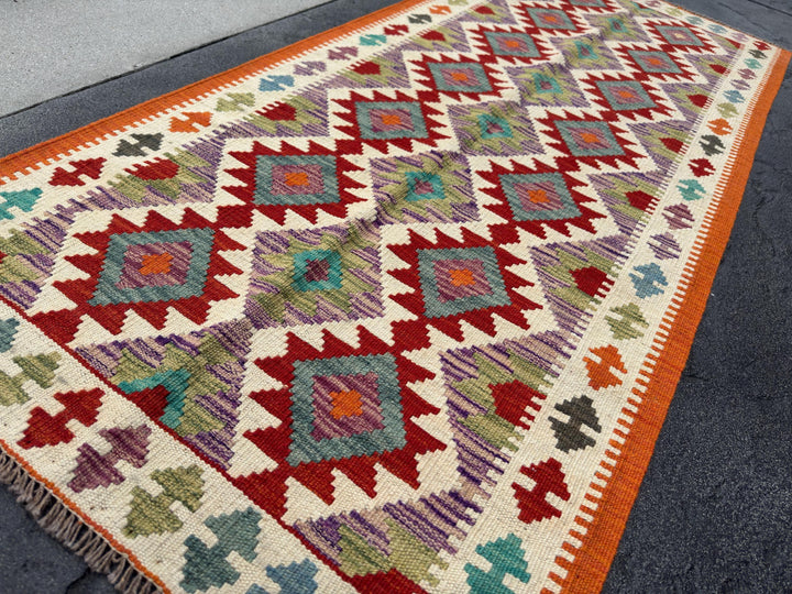 3x6 (91x182) Handmade Afghan Kilim Runner Rug | Orange Blood Red Purple Moss Forest Green Teal Prussian Blue Cream Sand | Wool Flatweave