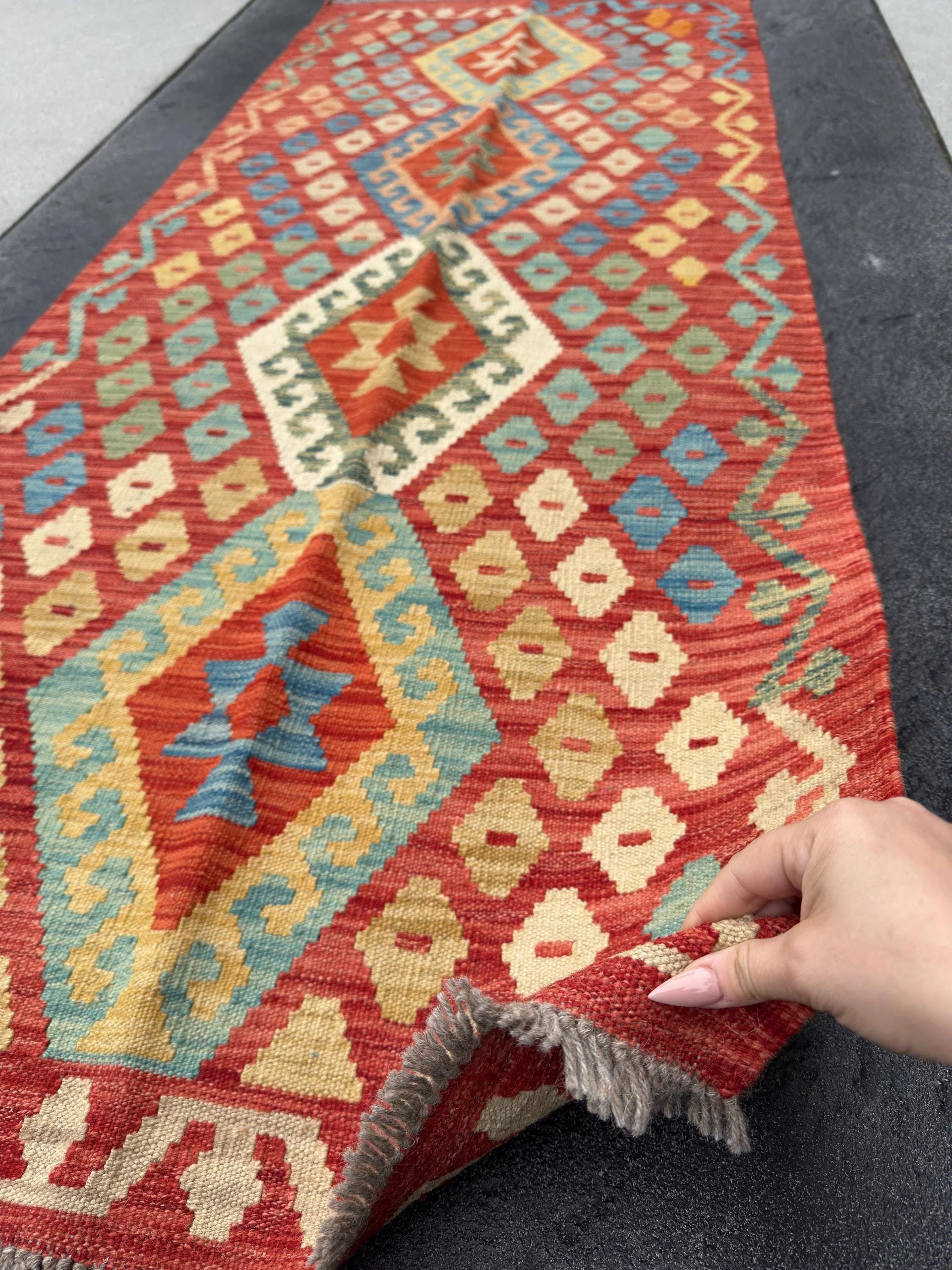 3x7 Handmade Afghan Kilim Runner Rug | Blood Orange Saffron Tan Fire Brick Red Mustard Yellow Denim Aqua Baby Blue Emerald Pine Green | Wool