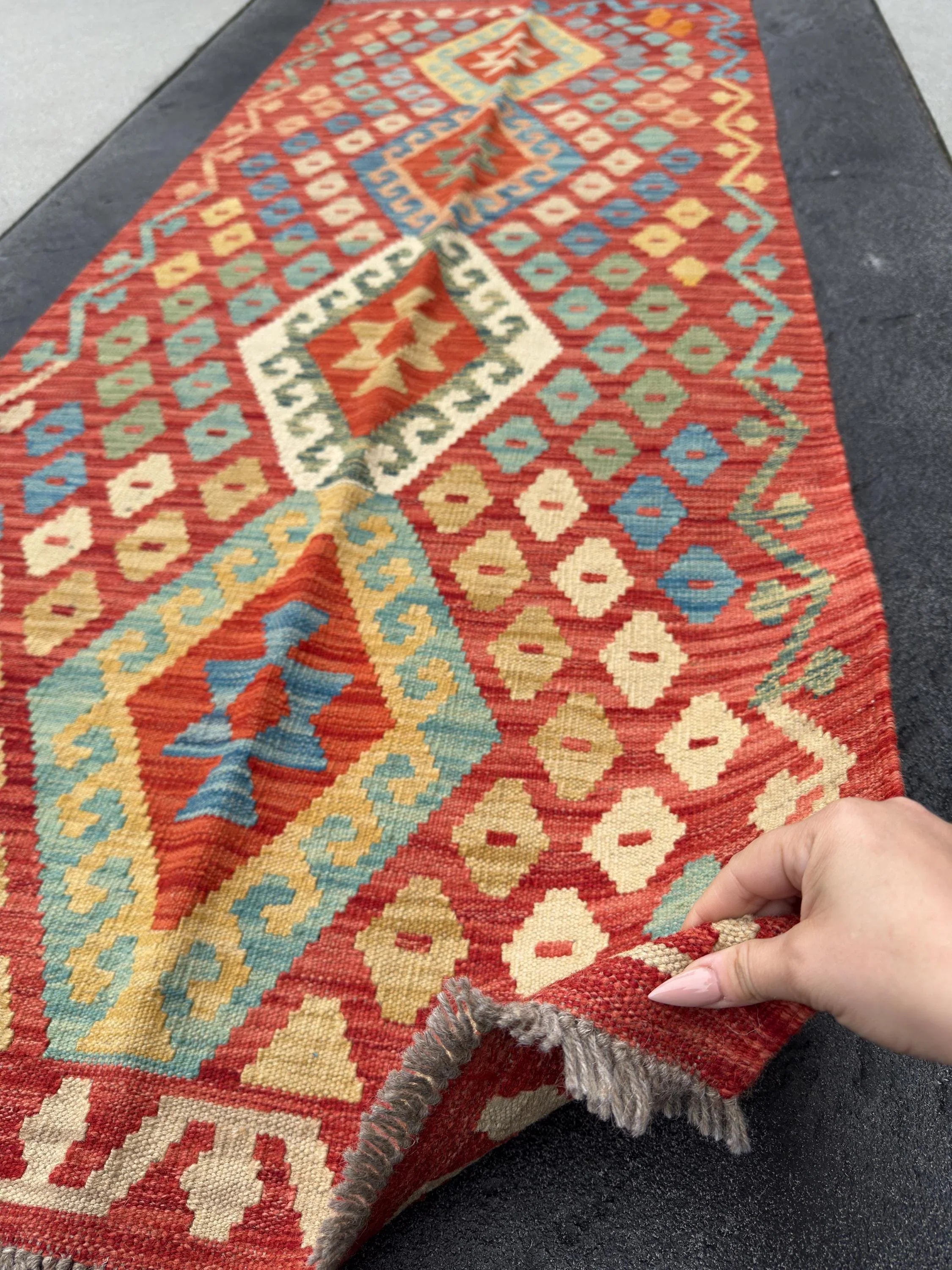 3x7 Handmade Afghan Kilim Runner Rug | Blood Orange Saffron Tan Fire Brick Red Mustard Yellow Denim Aqua Baby Blue Emerald Pine Green | Wool