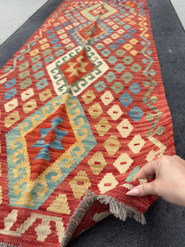 3x7 Handmade Afghan Kilim Runner Rug | Blood Orange Saffron Tan Fire Brick Red Mustard Yellow Denim Aqua Baby Blue Emerald Pine Green | Wool