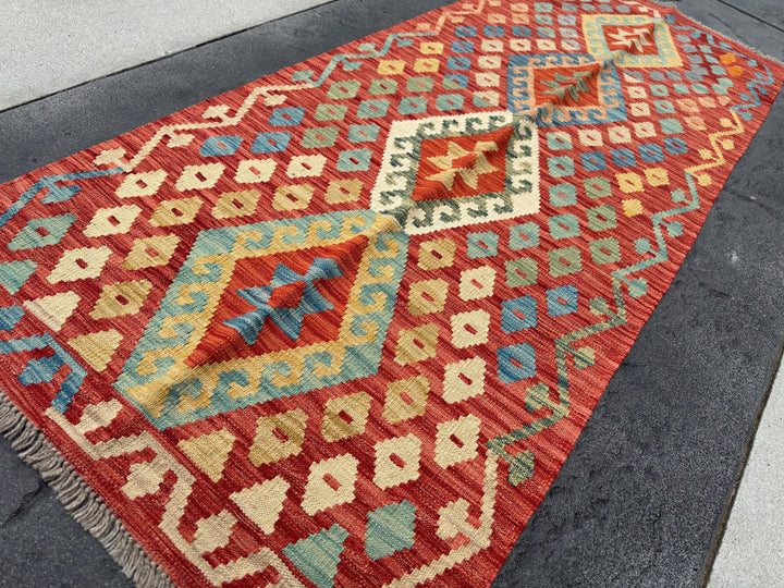 3x7 Handmade Afghan Kilim Runner Rug | Blood Orange Saffron Tan Fire Brick Red Mustard Yellow Denim Aqua Baby Blue Emerald Pine Green | Wool