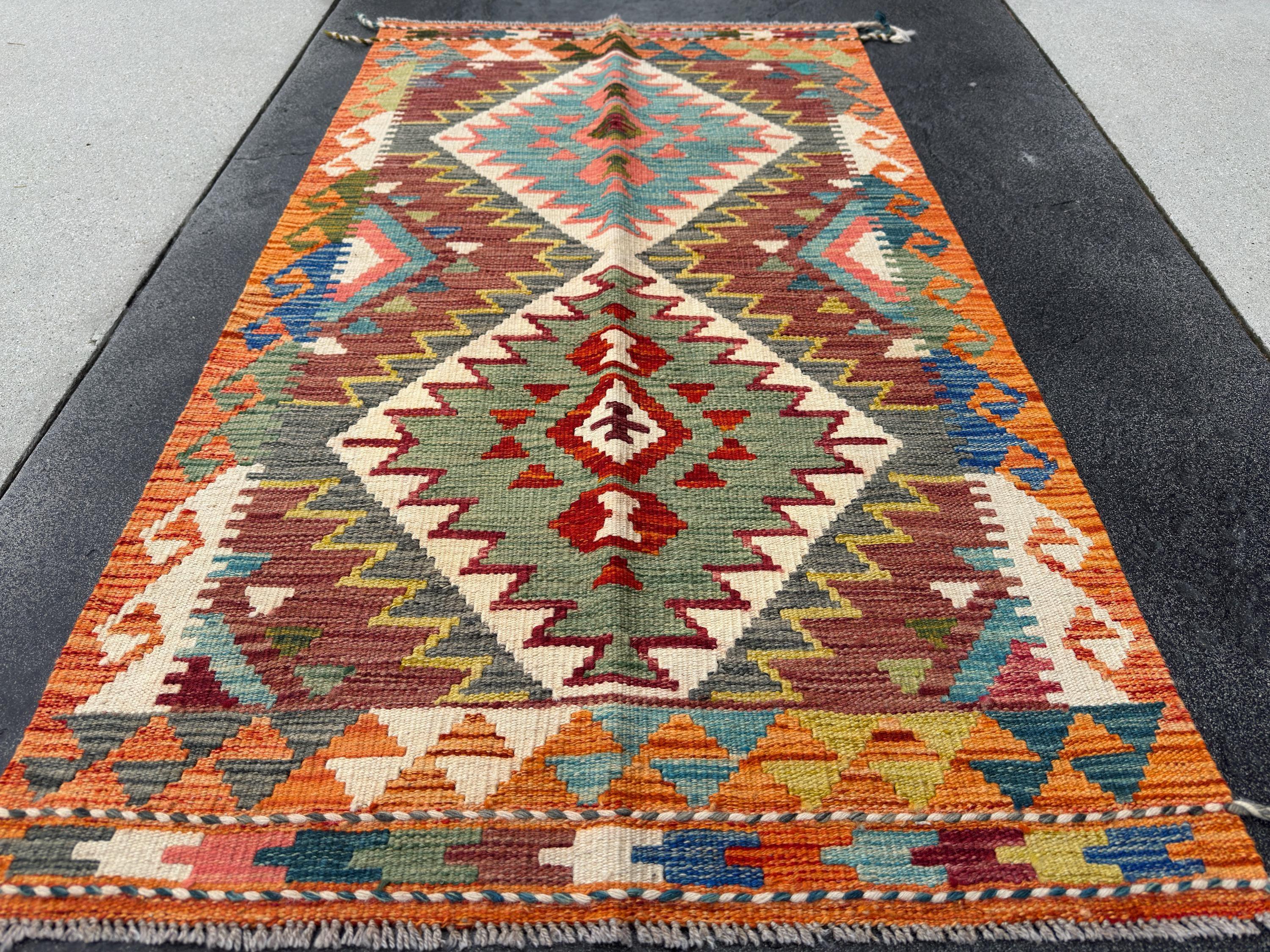 3x5 Handmade Afghan Kilim Rug | Orange Burnt Rust Sage Moss Olive Green Cream Teal Aqua Denim Prussian Blue Grey Yellow Maroon Auburn Red