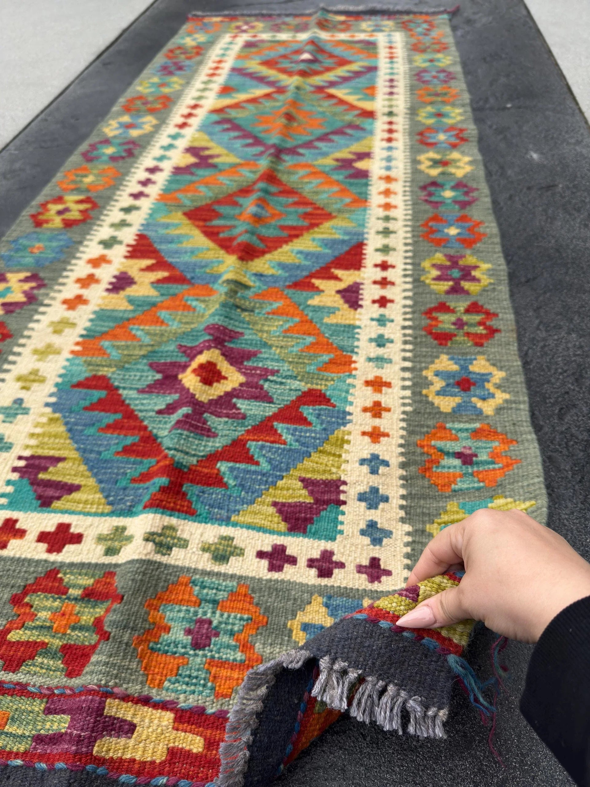 3x7 Handmade Afghan Kilim Runner Rug | Sage Pine Chartreuse Olive Green Cream Aqua Turquoise Denim Blue Yellow Saffron Orange Purple Red