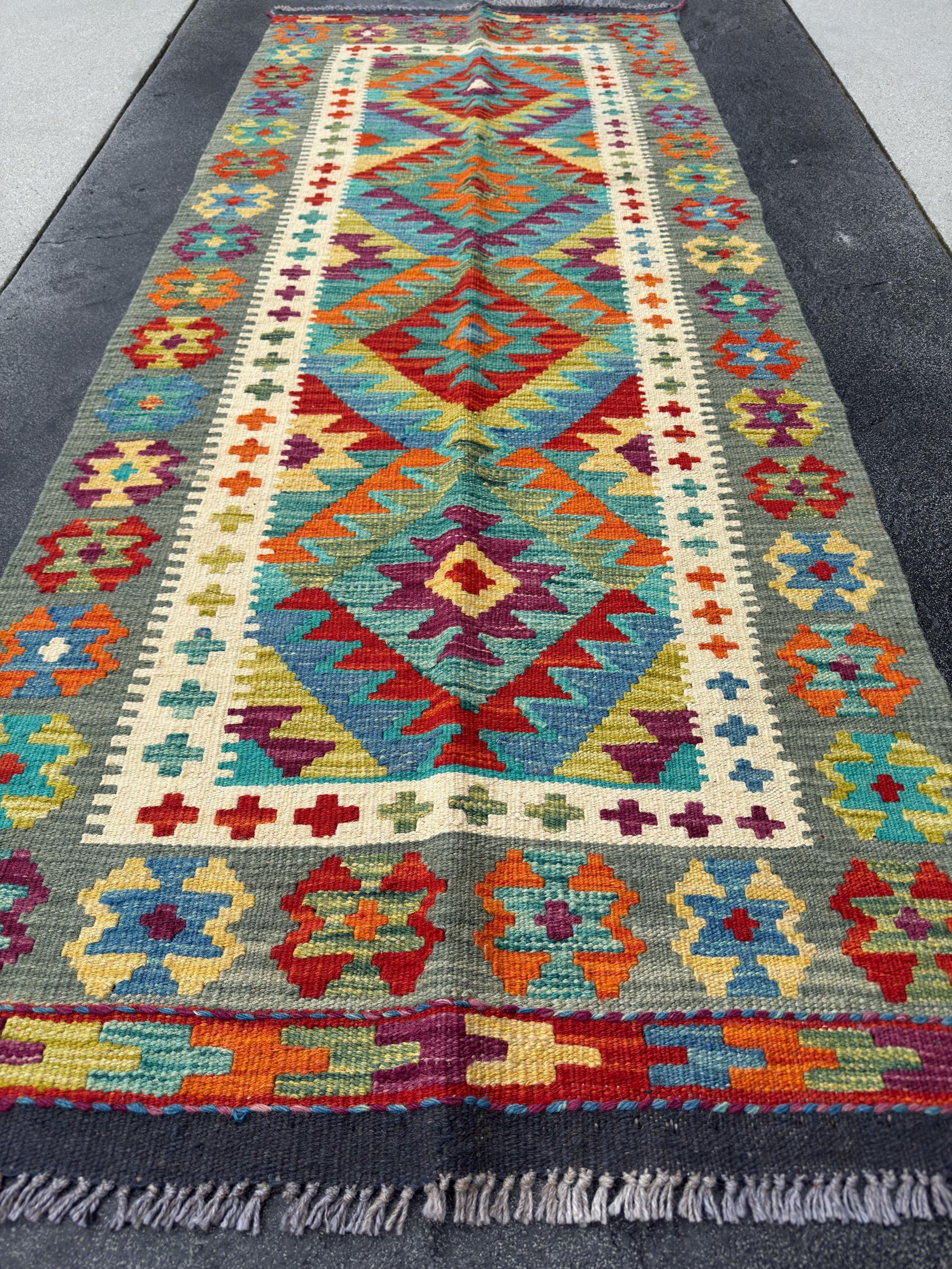 3x7 Handmade Afghan Kilim Runner Rug | Sage Pine Chartreuse Olive Green Cream Aqua Turquoise Denim Blue Yellow Saffron Orange Purple Red