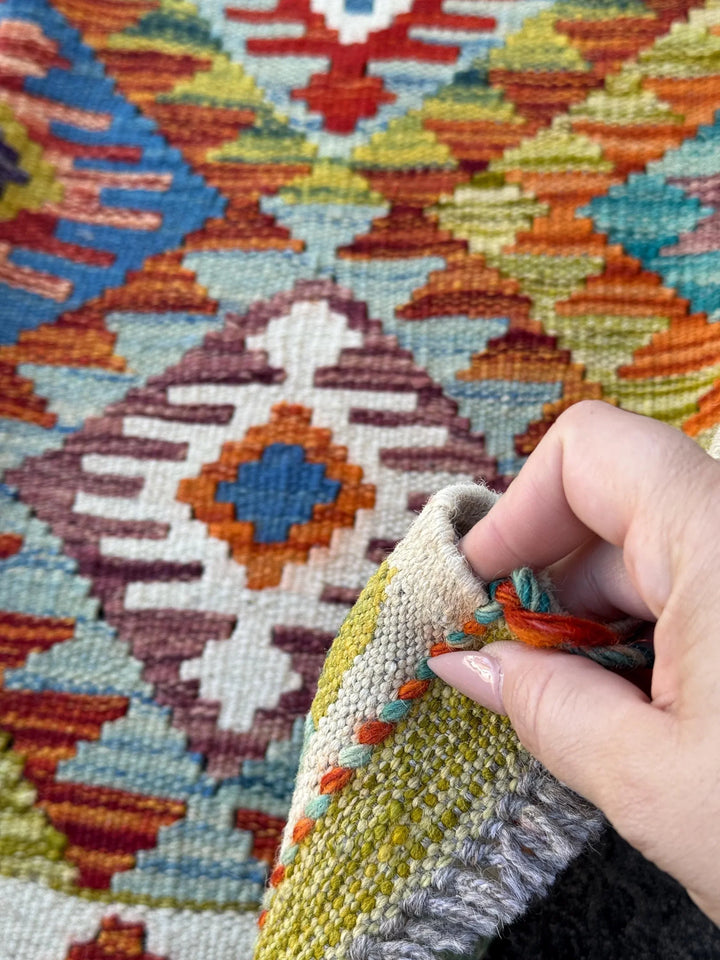 3x4 (91x121) Handmade Afghan Kilim Rug | Cream Olive Moss Forest Green Crimson Red Brunt Orange Denim Aqua Baby Powder Blue Purple Mustard