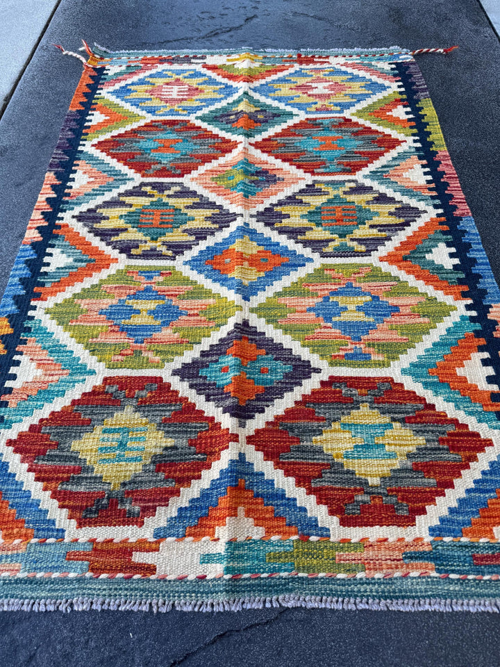 3x4 Handmade Afghan Kilim Rug | Cream Mustard Yellow Crimson Red Orange Peach Coral Purple Navy Midnight Aqua Teal Royal Blue Olive Green