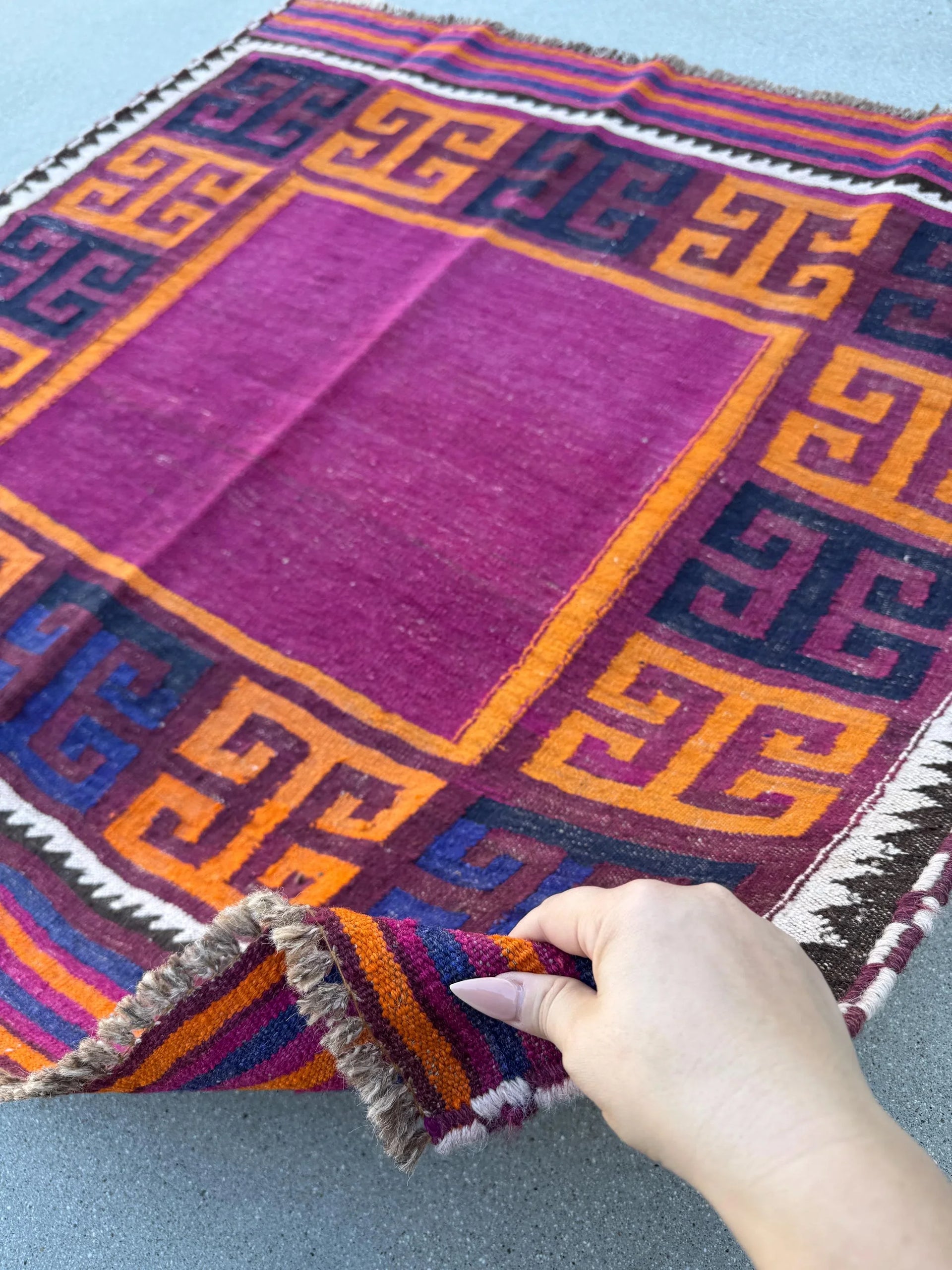 4x4 (121x121) Handmade Afghan Kilim Rug | Cherry Burgundy Red Black Royal Blue Orange Fuchsia Magenta Pink White Cream | Wool Flatweave