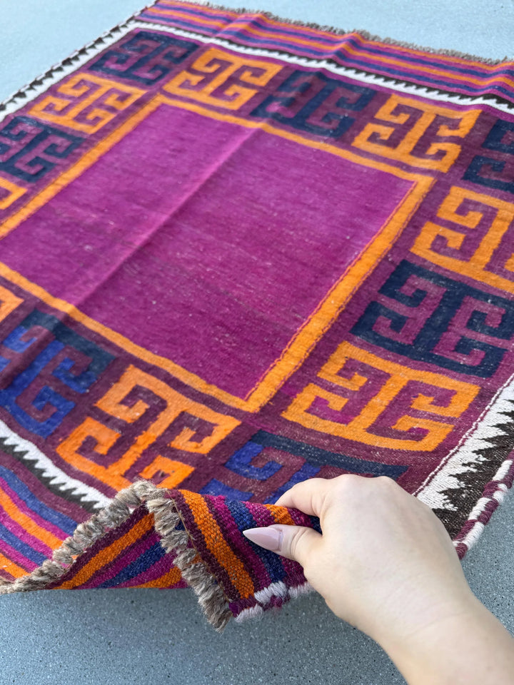 4x4 (121x121) Handmade Afghan Kilim Rug | Cherry Burgundy Red Black Royal Blue Orange Fuchsia Magenta Pink White Cream | Wool Flatweave