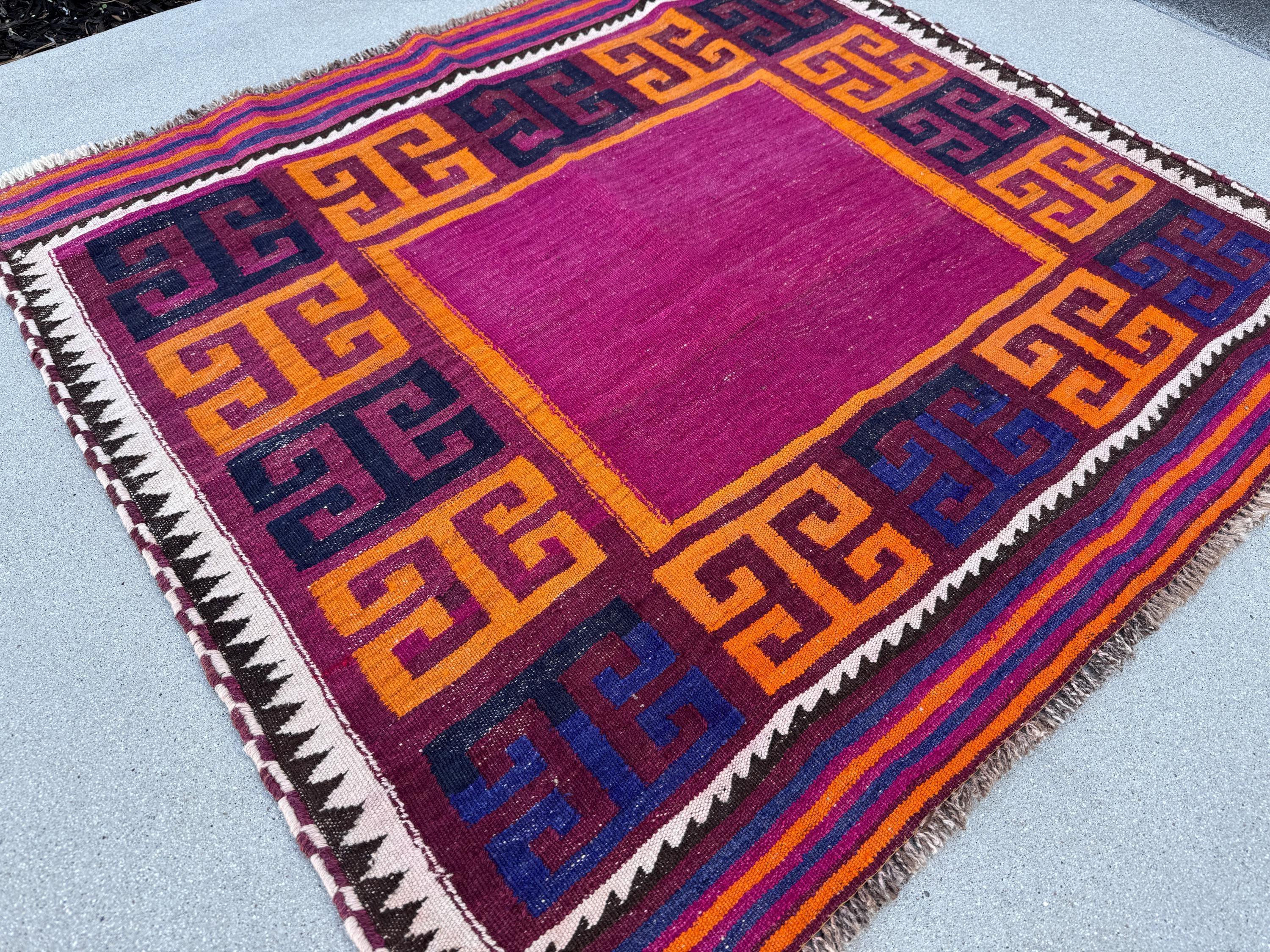 4x4 (121x121) Handmade Afghan Kilim Rug | Cherry Burgundy Red Black Royal Blue Orange Fuchsia Magenta Pink White Cream | Wool Flatweave