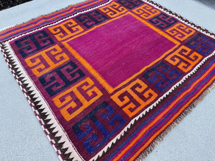 4x4 (121x121) Handmade Afghan Kilim Rug | Cherry Burgundy Red Black Royal Blue Orange Fuchsia Magenta Pink White Cream | Wool Flatweave