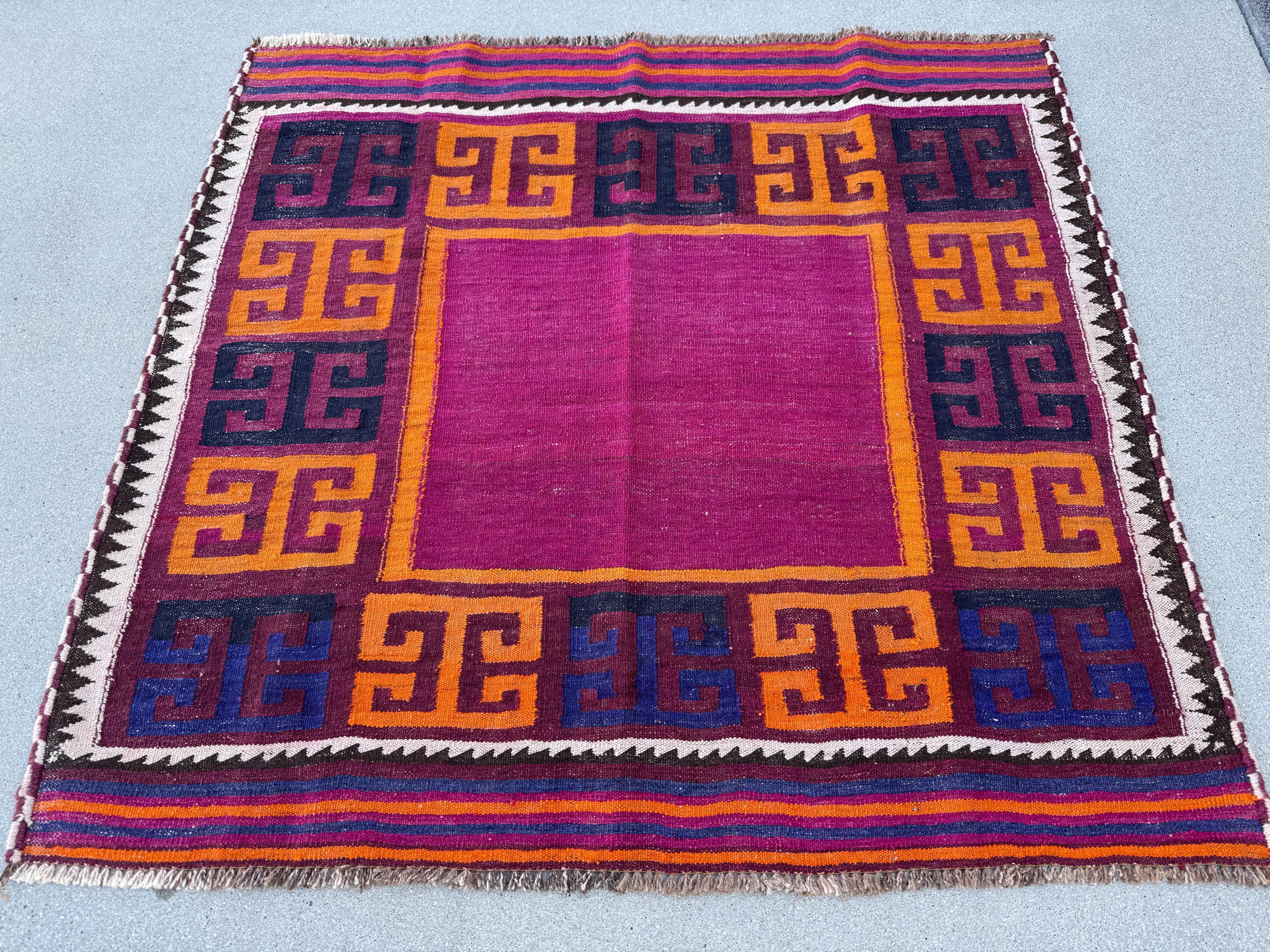 4x4 (121x121) Handmade Afghan Kilim Rug | Cherry Burgundy Red Black Royal Blue Orange Fuchsia Magenta Pink White Cream | Wool Flatweave