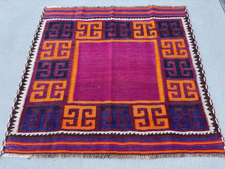4x4 (121x121) Handmade Afghan Kilim Rug | Cherry Burgundy Red Black Royal Blue Orange Fuchsia Magenta Pink White Cream | Wool Flatweave