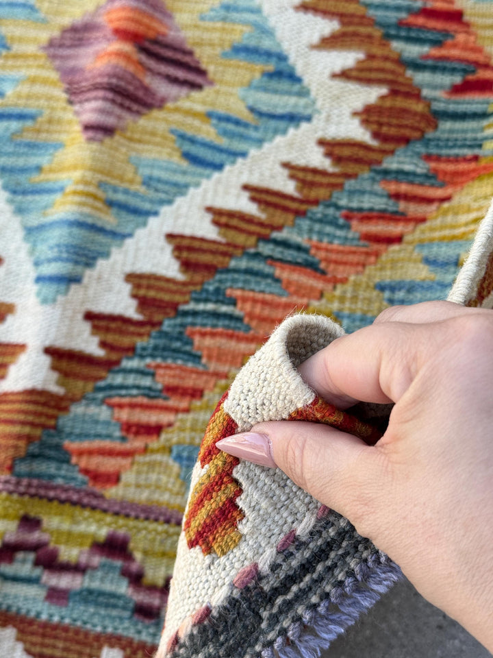 3x4 (91x121) Handmade Afghan Kilim Rug | Cream Teal Aqua Denim Blue Purple Burnt Orange Rust Olive Moss Green | Wool Flatweave Reversible
