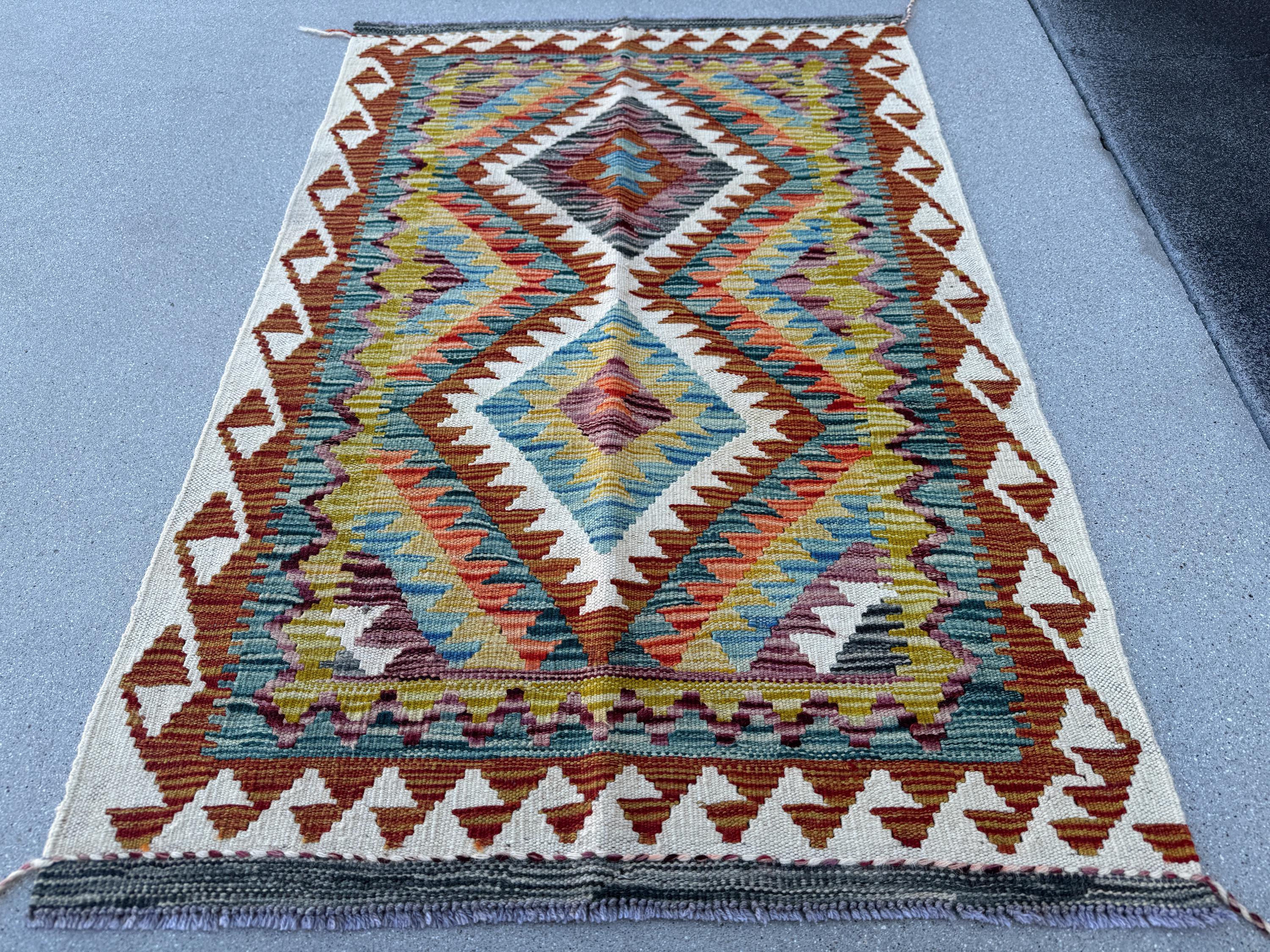 3x4 (91x121) Handmade Afghan Kilim Rug | Cream Teal Aqua Denim Blue Purple Burnt Orange Rust Olive Moss Green | Wool Flatweave Reversible