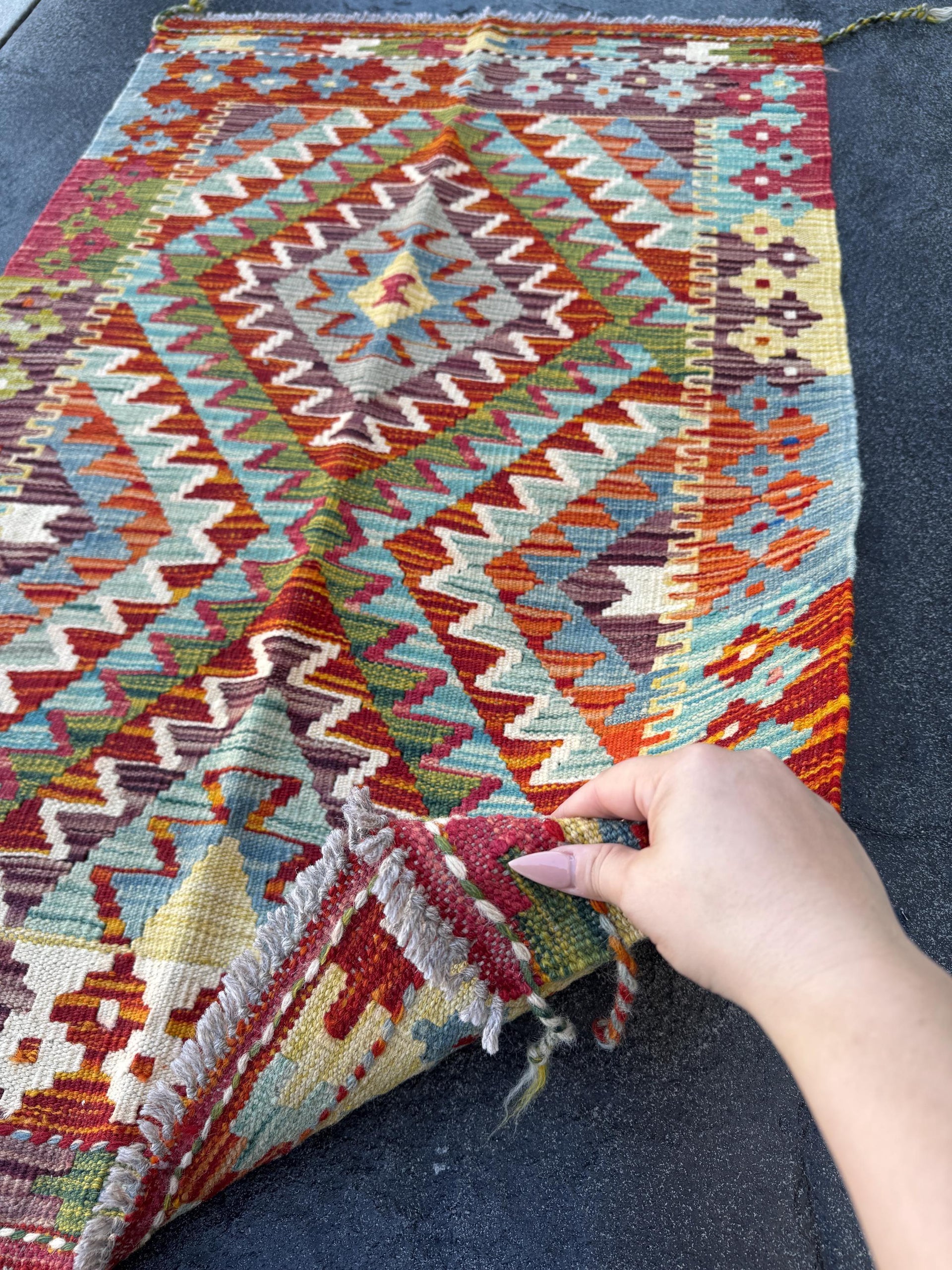 3x4 (91x121) Handmade Afghan Kilim Rug | Burnt Orange Forest Pine Green Rose Crimson Red White Cream Yellow Purple Denim Baby Blue | Wool