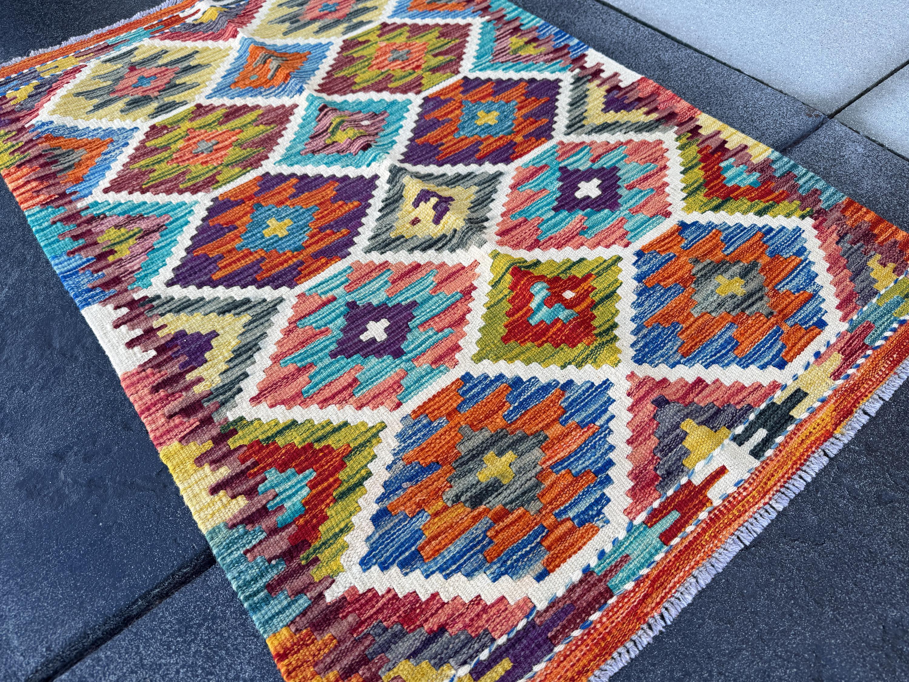 3x4 Handmade Afghan Kilim Rug | Burnt Orange Brick Auburn Red Moss Olive Green Mustard Yellow Denim Aqua Royal Blue Black Cream Purple