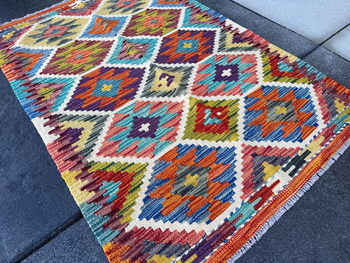 3x4 Handmade Afghan Kilim Rug | Burnt Orange Brick Auburn Red Moss Olive Green Mustard Yellow Denim Aqua Royal Blue Black Cream Purple