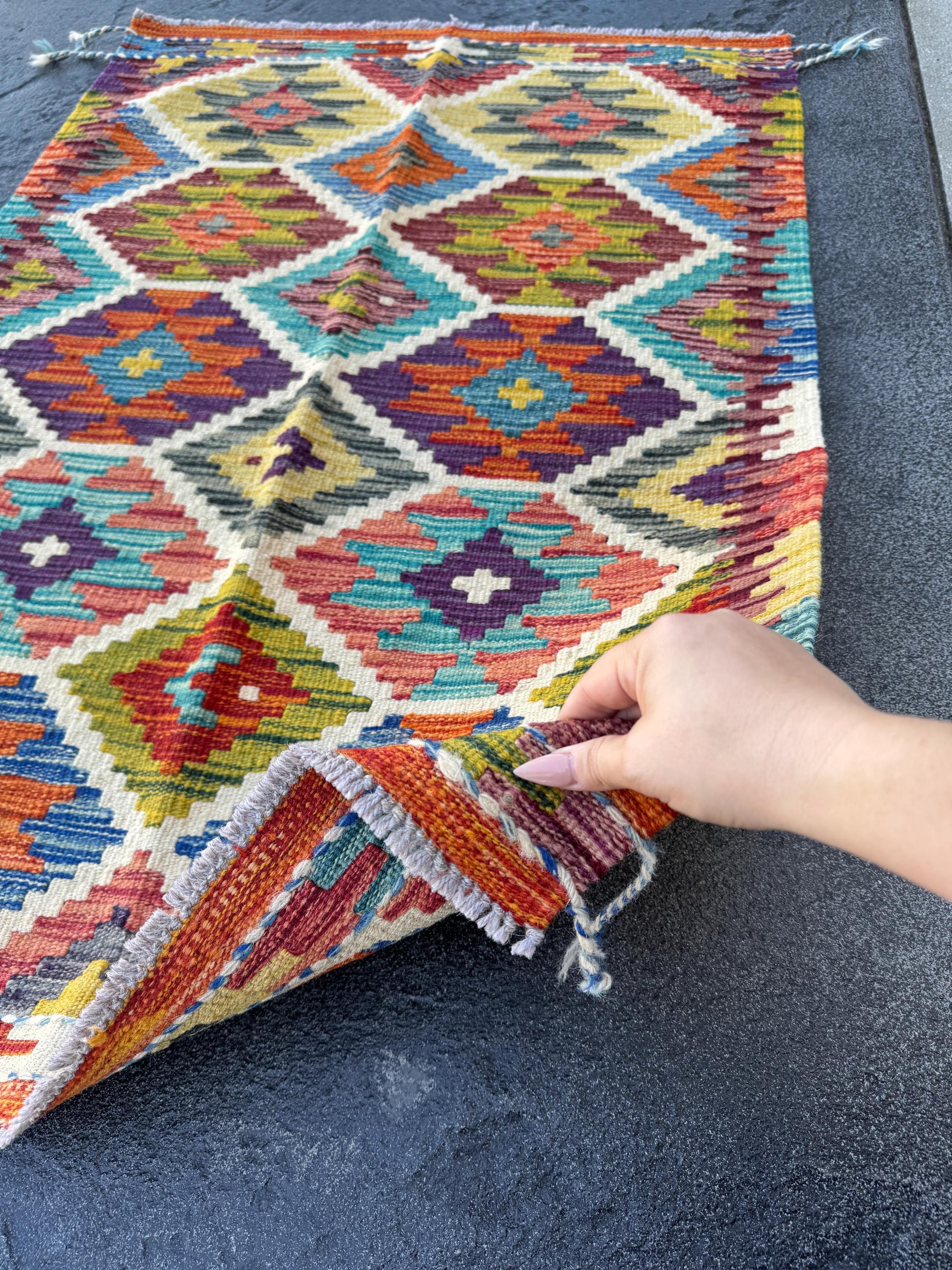 3x4 Handmade Afghan Kilim Rug | Burnt Orange Brick Auburn Red Moss Olive Green Mustard Yellow Denim Aqua Royal Blue Black Cream Purple