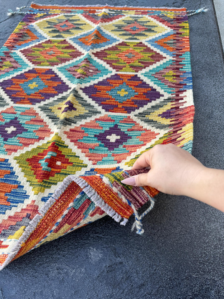 3x4 Handmade Afghan Kilim Rug | Burnt Orange Brick Auburn Red Moss Olive Green Mustard Yellow Denim Aqua Royal Blue Black Cream Purple