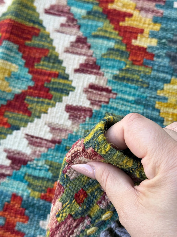 2x4 (60x121) Handmade Afghan Kilim Rug | Forest Emerald Green Mustard Yellow Crimson Burgundy Red Teal Navy Prussian Blue Cream White | Wool