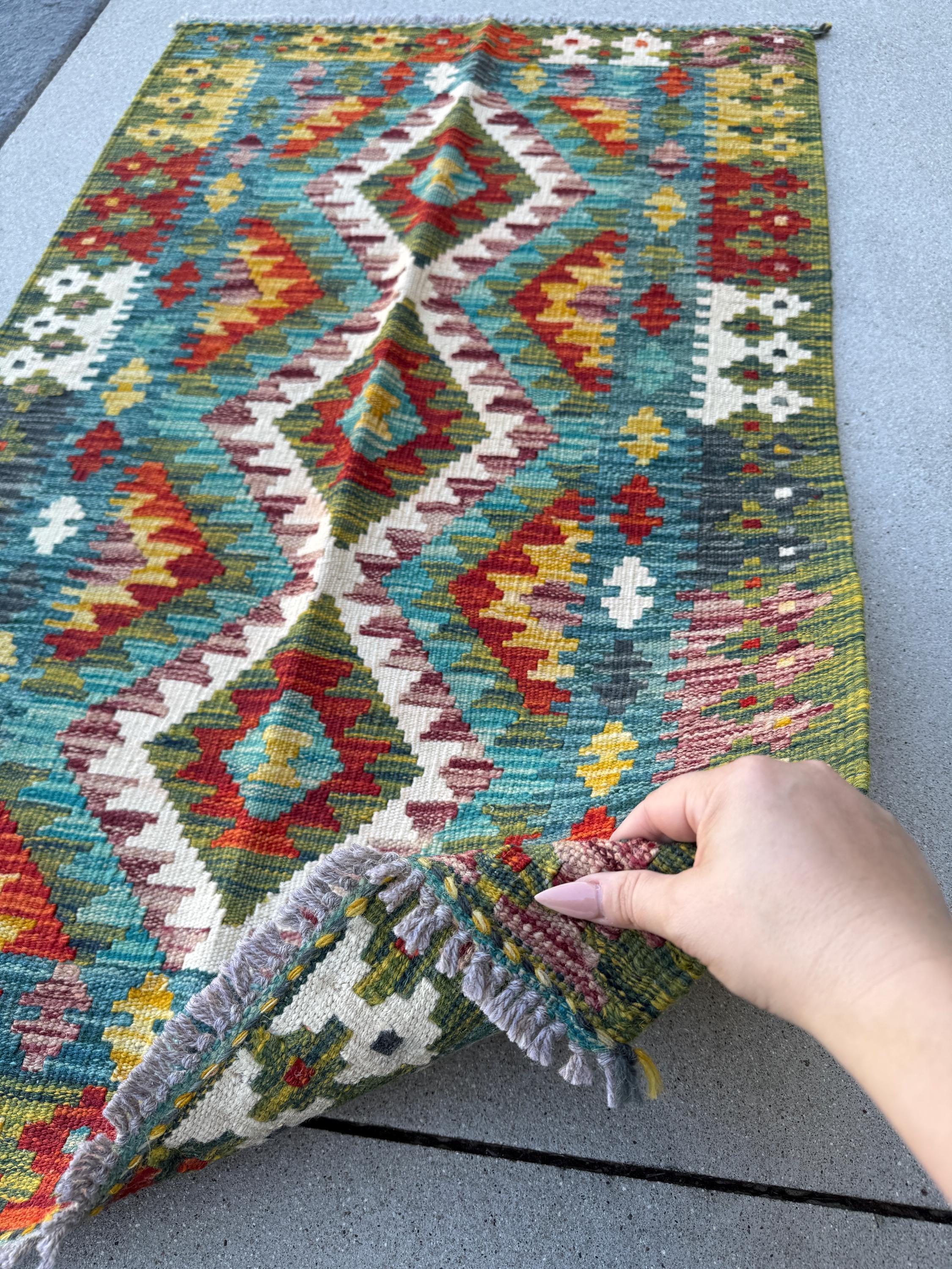 2x4 (60x121) Handmade Afghan Kilim Rug | Forest Emerald Green Mustard Yellow Crimson Burgundy Red Teal Navy Prussian Blue Cream White | Wool