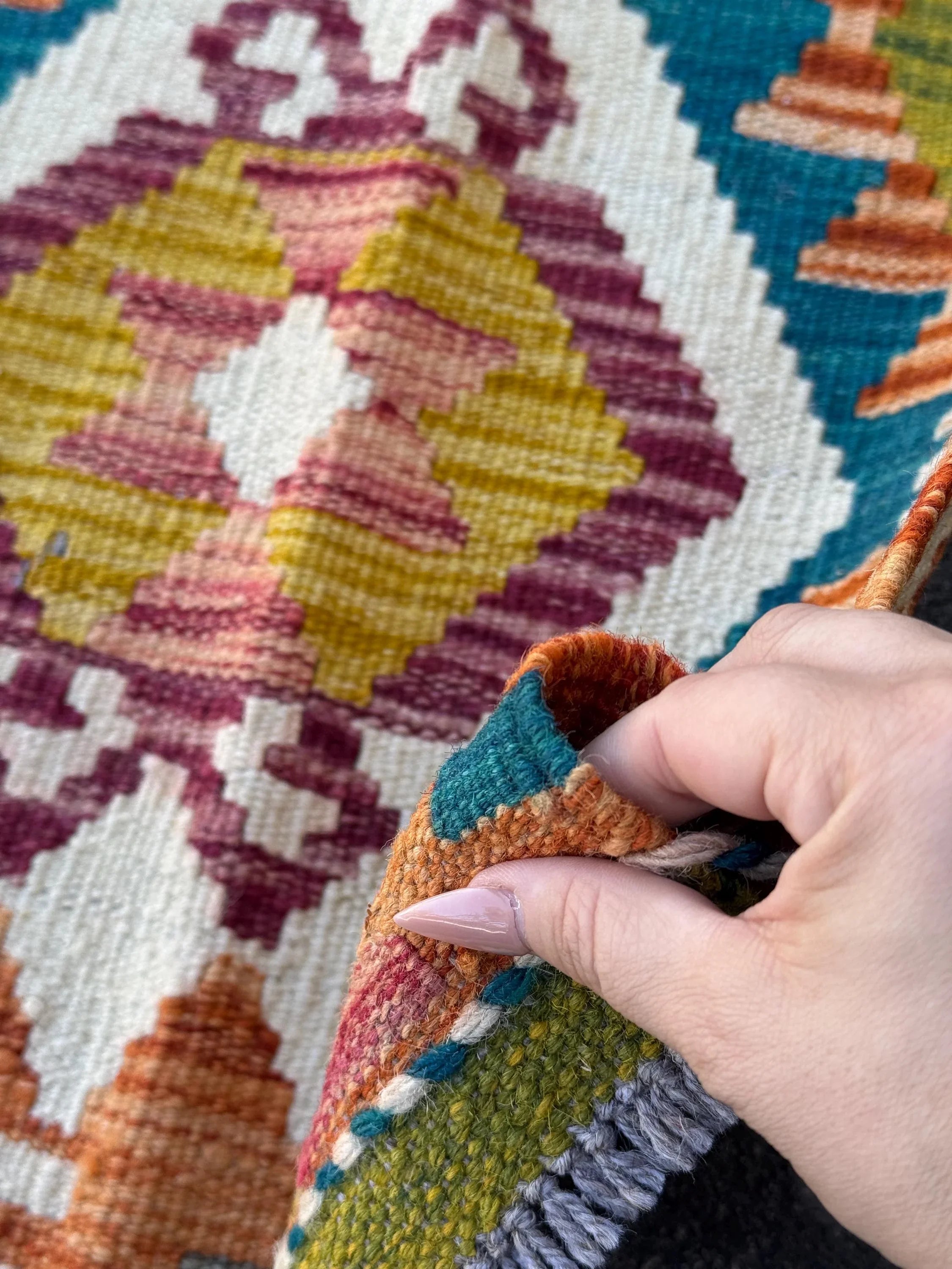 2x5 (50x152) Handmade Afghan Kilim Runner Rug | Orange Moss Chartreuse Olive Green Mustard Teal Denim Blue Burgundy Red Cream White | Wool
