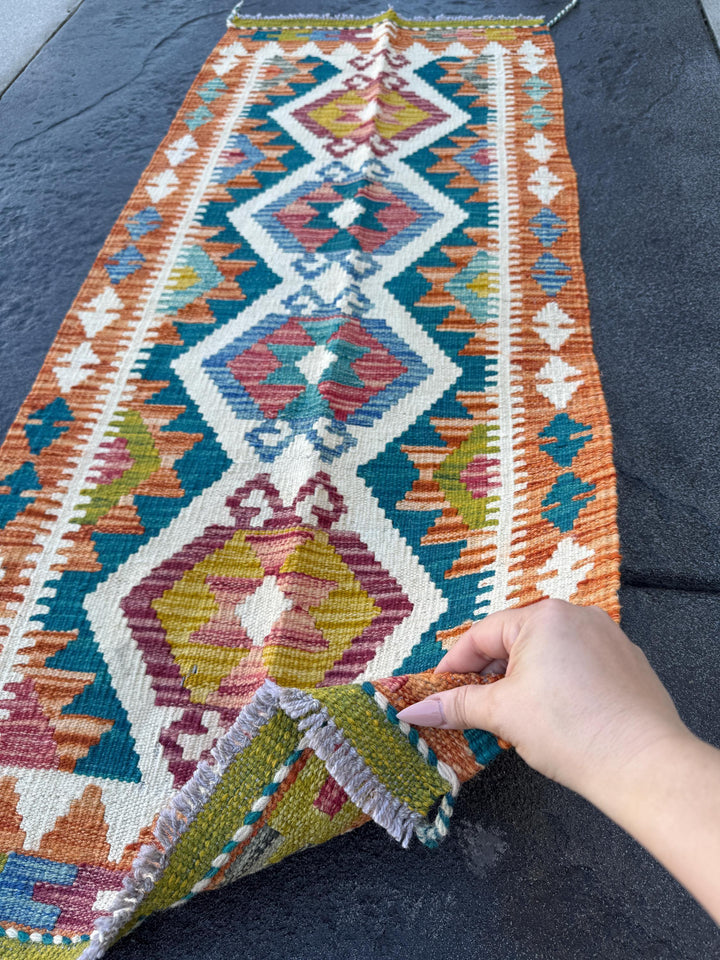 2x5 (50x152) Handmade Afghan Kilim Runner Rug | Orange Moss Chartreuse Olive Green Mustard Teal Denim Blue Burgundy Red Cream White | Wool
