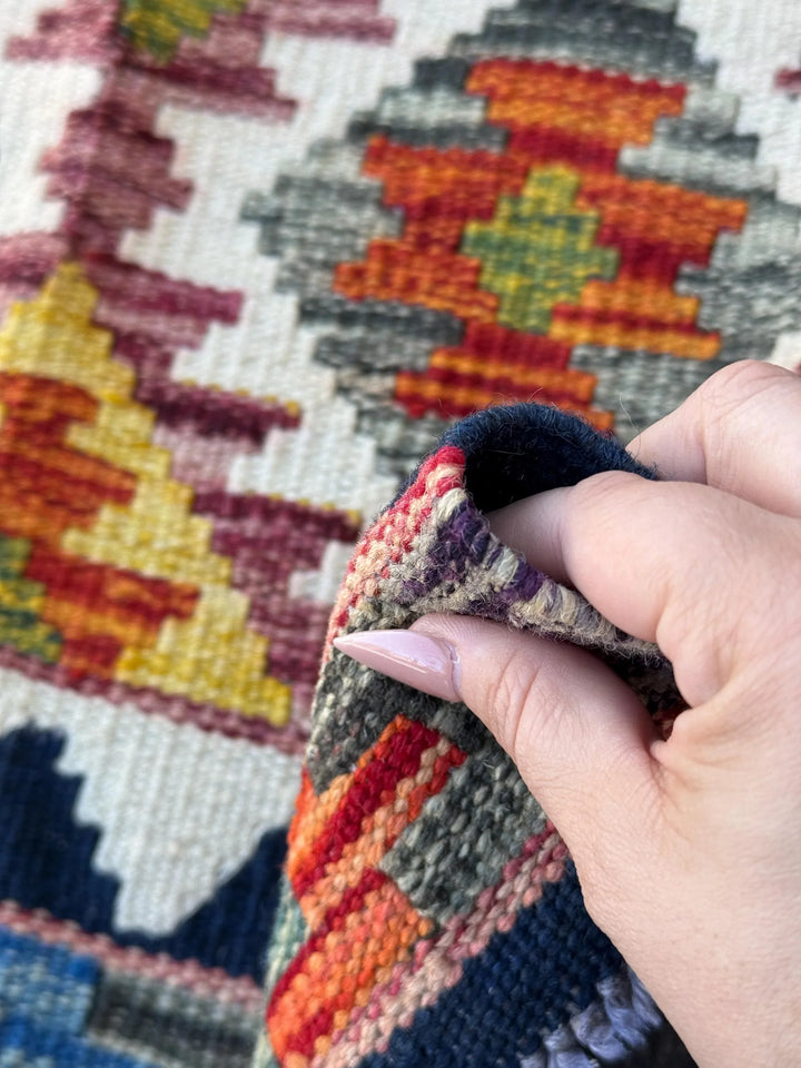 2x5 Handmade Afghan Kilim Runner Rug | Midnight Navy Denim Blue Burnt Orange Mustard Yellow Grey Maroon Crimson Red Moss Green Cream | Wool