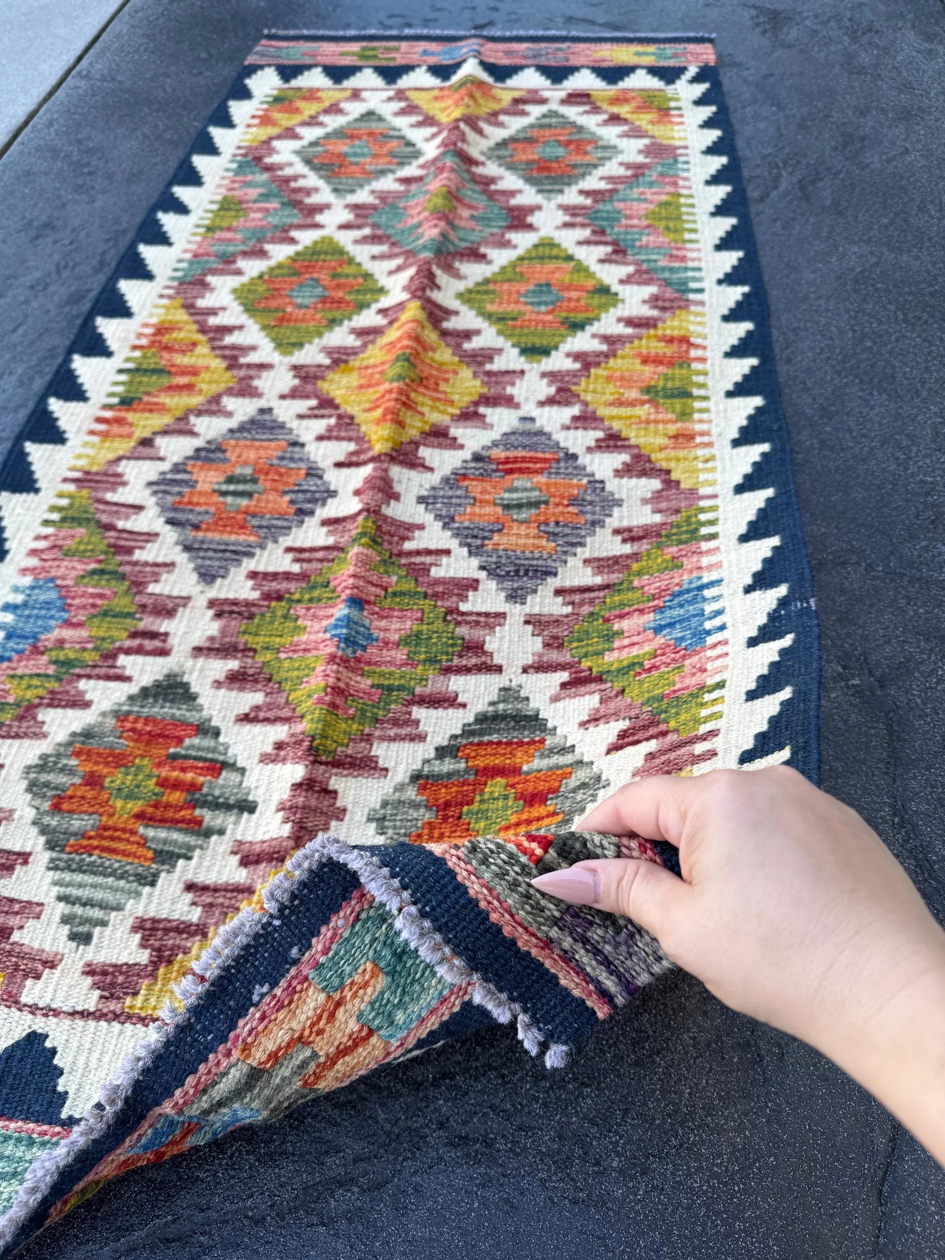 2x5 Handmade Afghan Kilim Runner Rug | Midnight Navy Denim Blue Burnt Orange Mustard Yellow Grey Maroon Crimson Red Moss Green Cream | Wool