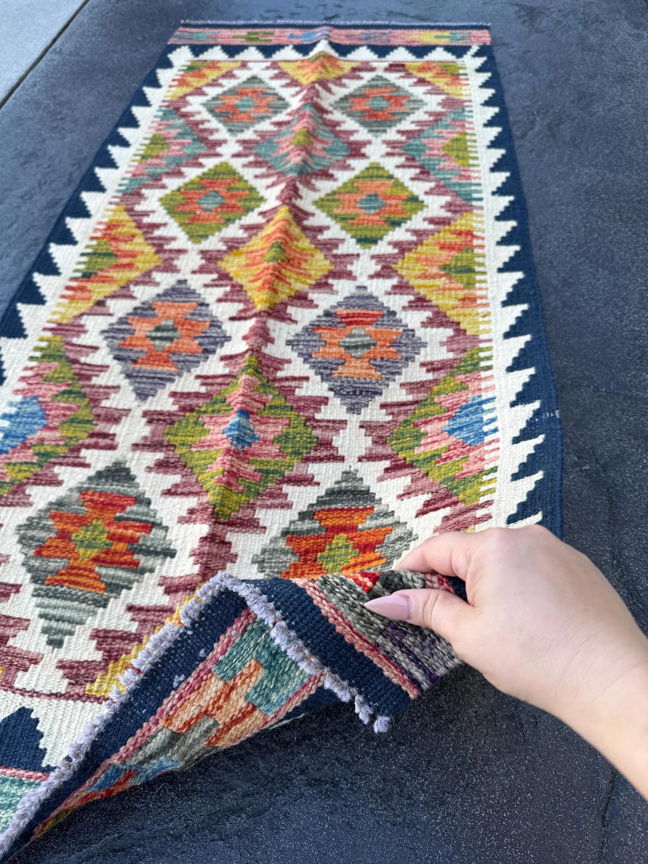 2x5 Handmade Afghan Kilim Runner Rug | Midnight Navy Denim Blue Burnt Orange Mustard Yellow Grey Maroon Crimson Red Moss Green Cream | Wool