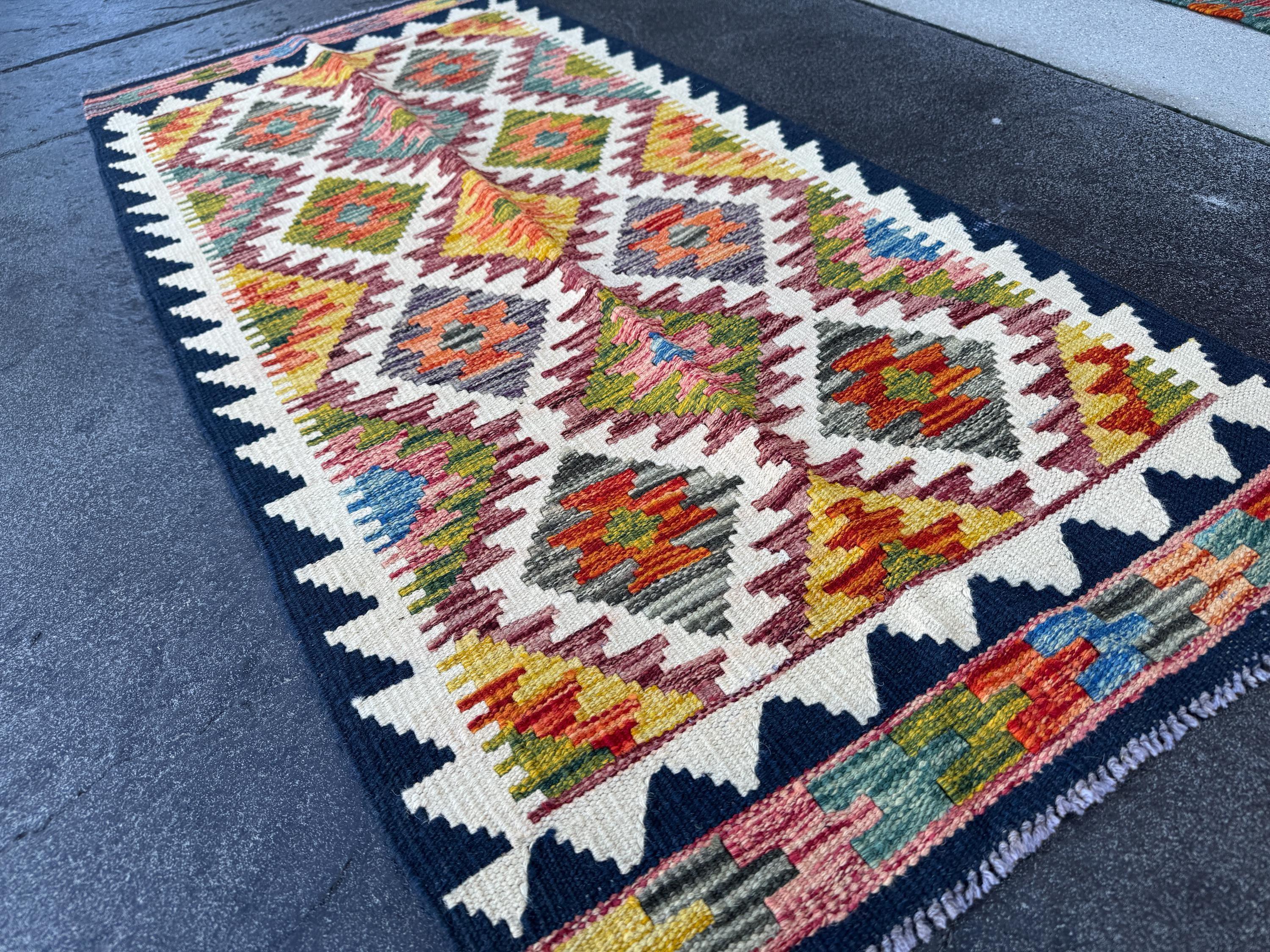 2x5 Handmade Afghan Kilim Runner Rug | Midnight Navy Denim Blue Burnt Orange Mustard Yellow Grey Maroon Crimson Red Moss Green Cream | Wool