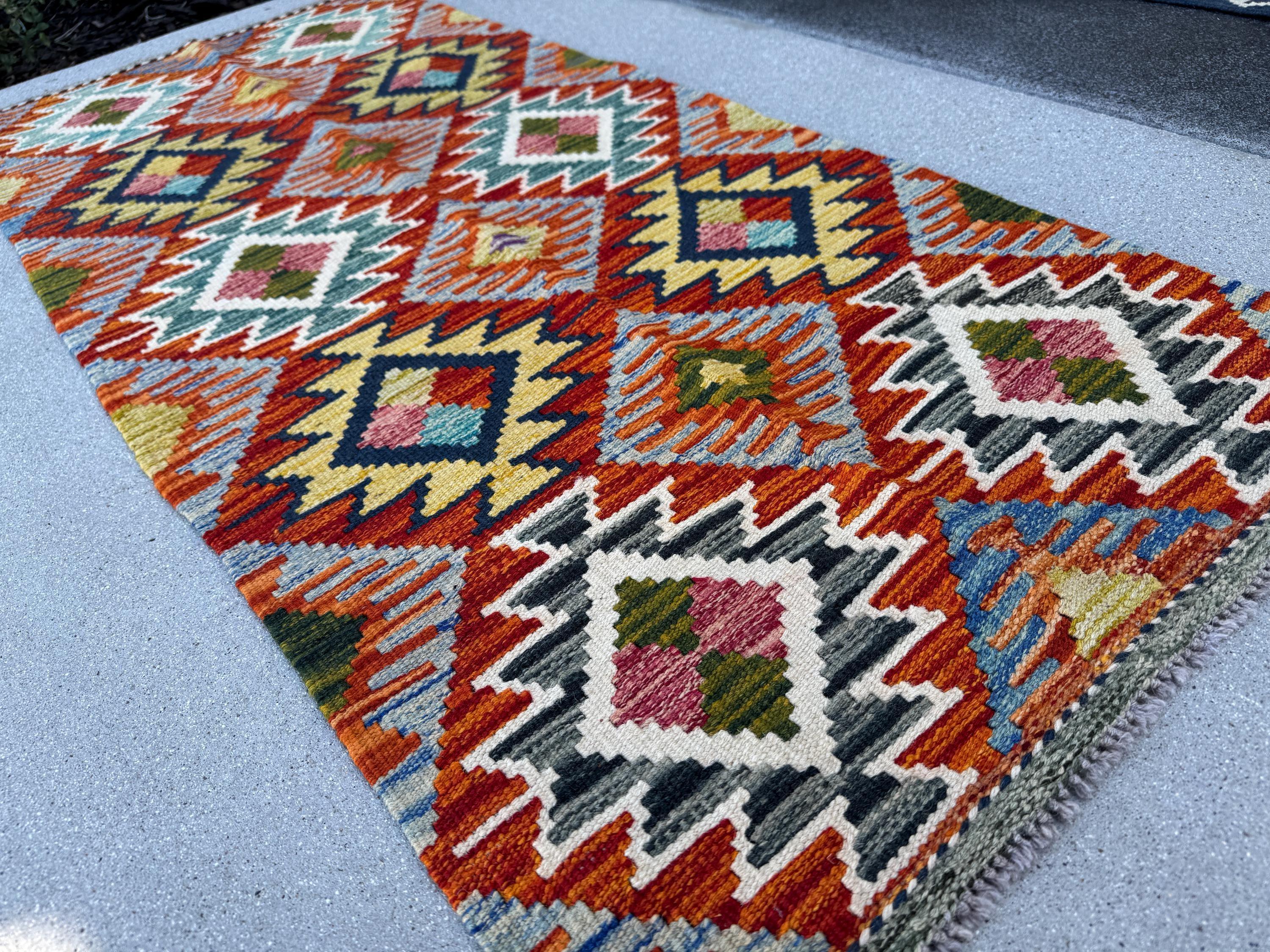 2x5 (50x152) Handmade Afghan Kilim Runner Rug | Crimson Red Burnt Orange Forest Green Yellow Grey Teal Denim Midnight Blue Cream White Wool