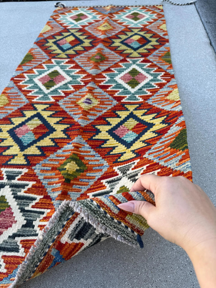 2x5 (50x152) Handmade Afghan Kilim Runner Rug | Crimson Red Burnt Orange Forest Green Yellow Grey Teal Denim Midnight Blue Cream White Wool