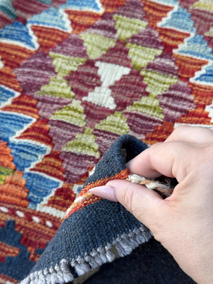 3x5 (91x152) Handmade Afghan Kilim Rug | Navy Midnight Baby Denim Blue Orange Crimson Red Cream White Olive Pine Moss Green Teal Purple Wool