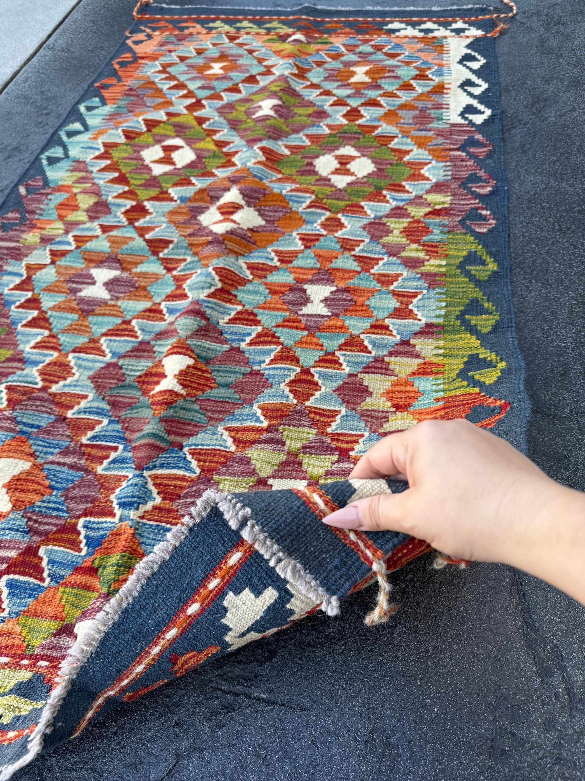3x5 (91x152) Handmade Afghan Kilim Rug | Navy Midnight Baby Denim Blue Orange Crimson Red Cream White Olive Pine Moss Green Teal Purple Wool