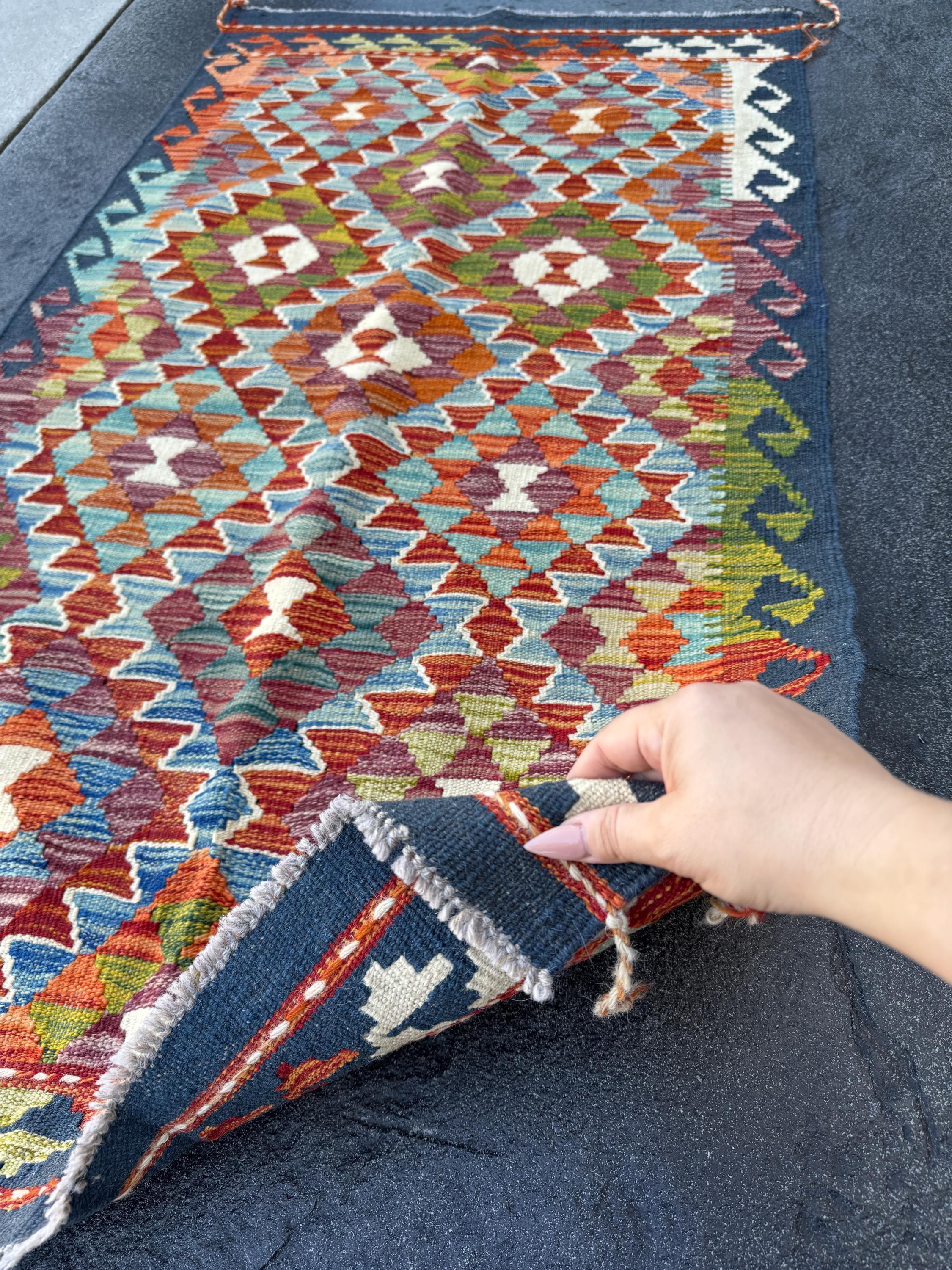 3x5 (91x152) Handmade Afghan Kilim Rug | Navy Midnight Baby Denim Blue Orange Crimson Red Cream White Olive Pine Moss Green Teal Purple Wool