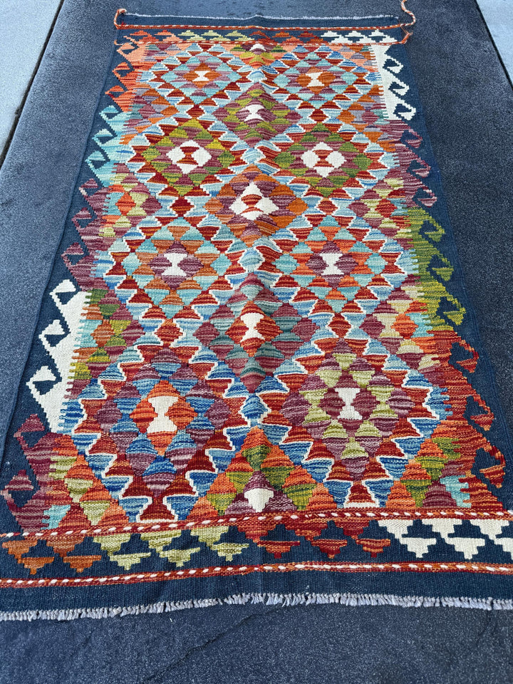 3x5 (91x152) Handmade Afghan Kilim Rug | Navy Midnight Baby Denim Blue Orange Crimson Red Cream White Olive Pine Moss Green Teal Purple Wool