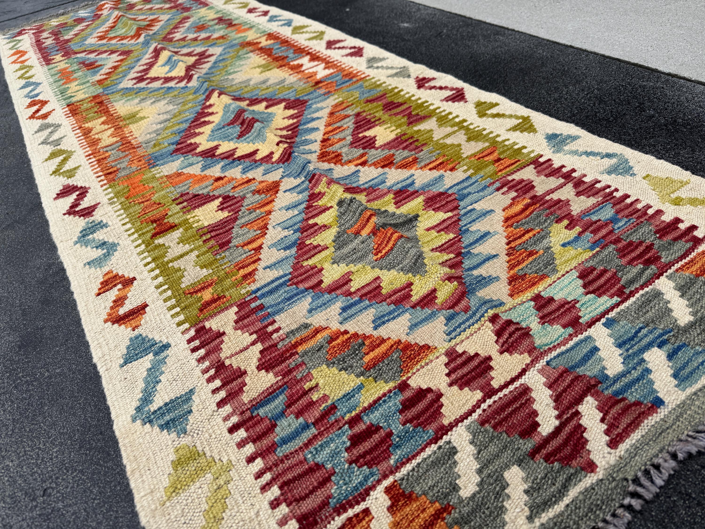 2-3x7 (80x213) Handmade Afghan Kilim Runner Rug | Cream Wine Garnet Red Grey Denim Baby Blue Burnt Orange Moss Olive Green | Wool Flatweave