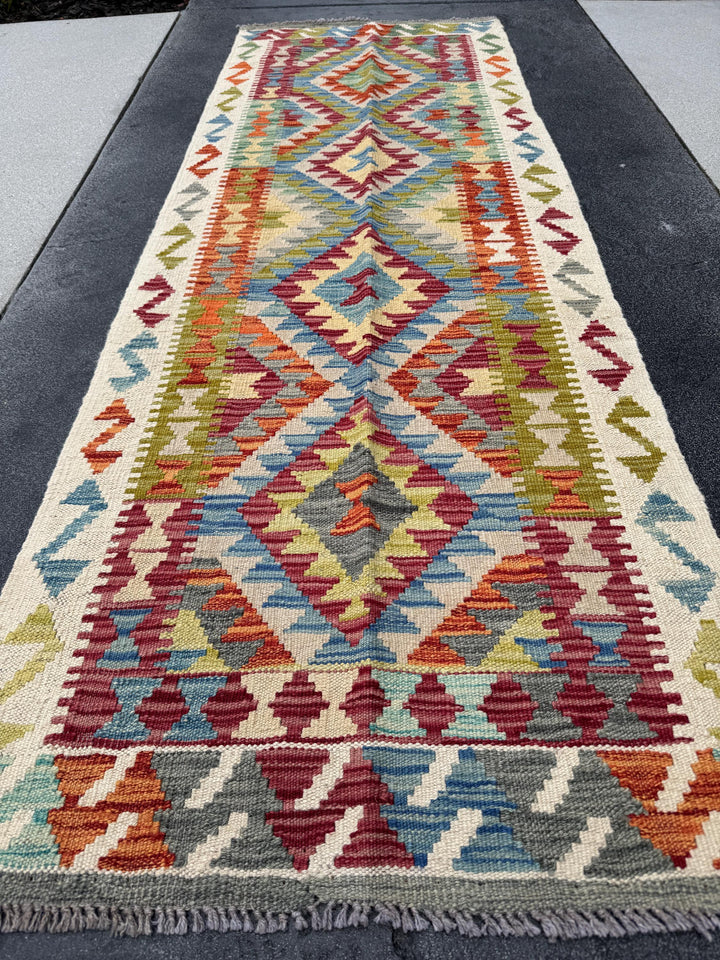 2-3x7 (80x213) Handmade Afghan Kilim Runner Rug | Cream Wine Garnet Red Grey Denim Baby Blue Burnt Orange Moss Olive Green | Wool Flatweave