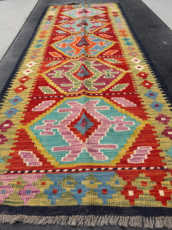 3x7 Handmade Afghan Kilim Runner Rug | Midnight Navy Denim Prussian Aqua Blue Olive Moss Green Mustard Yellow Rose Pink Cream Orange Red