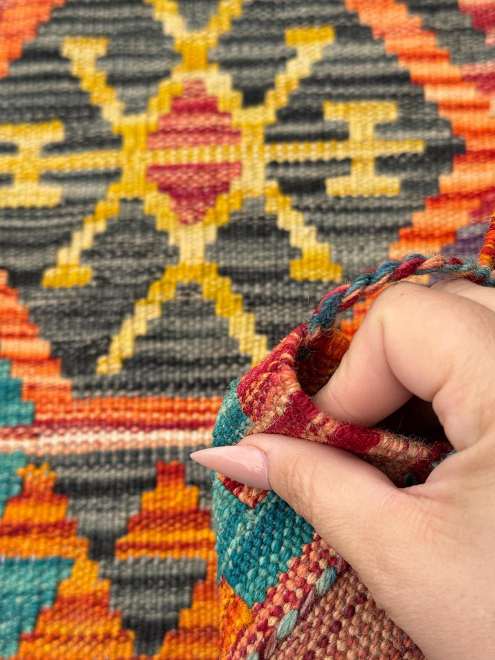 3x7 Handmade Afghan Kilim Runner Rug | Burnt Orange Wine Garnet Brick Red Black Grey Teal Turquoise Blue Mustard Yellow Purple Moss Green