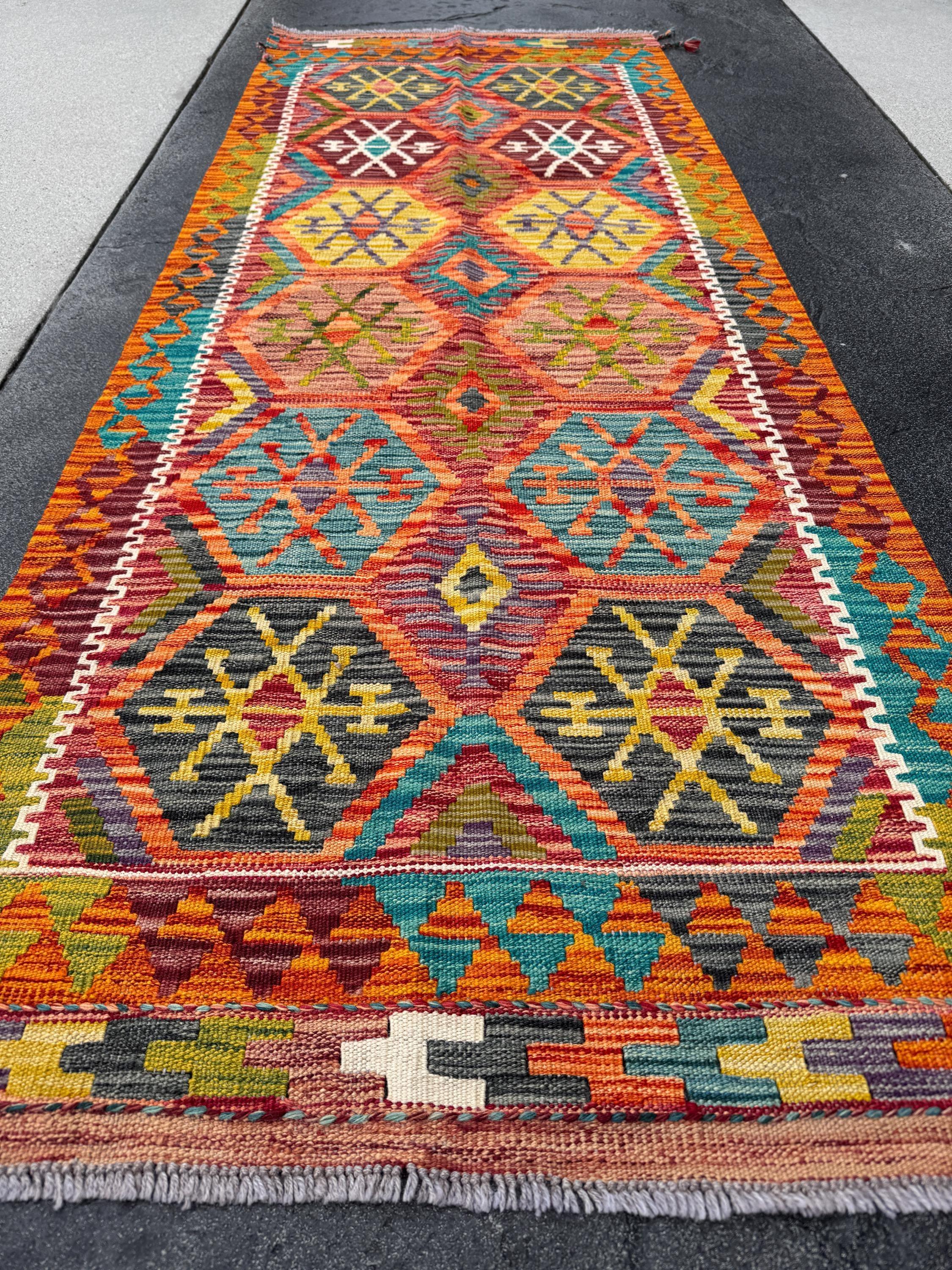 3x7 Handmade Afghan Kilim Runner Rug | Burnt Orange Wine Garnet Brick Red Black Grey Teal Turquoise Blue Mustard Yellow Purple Moss Green