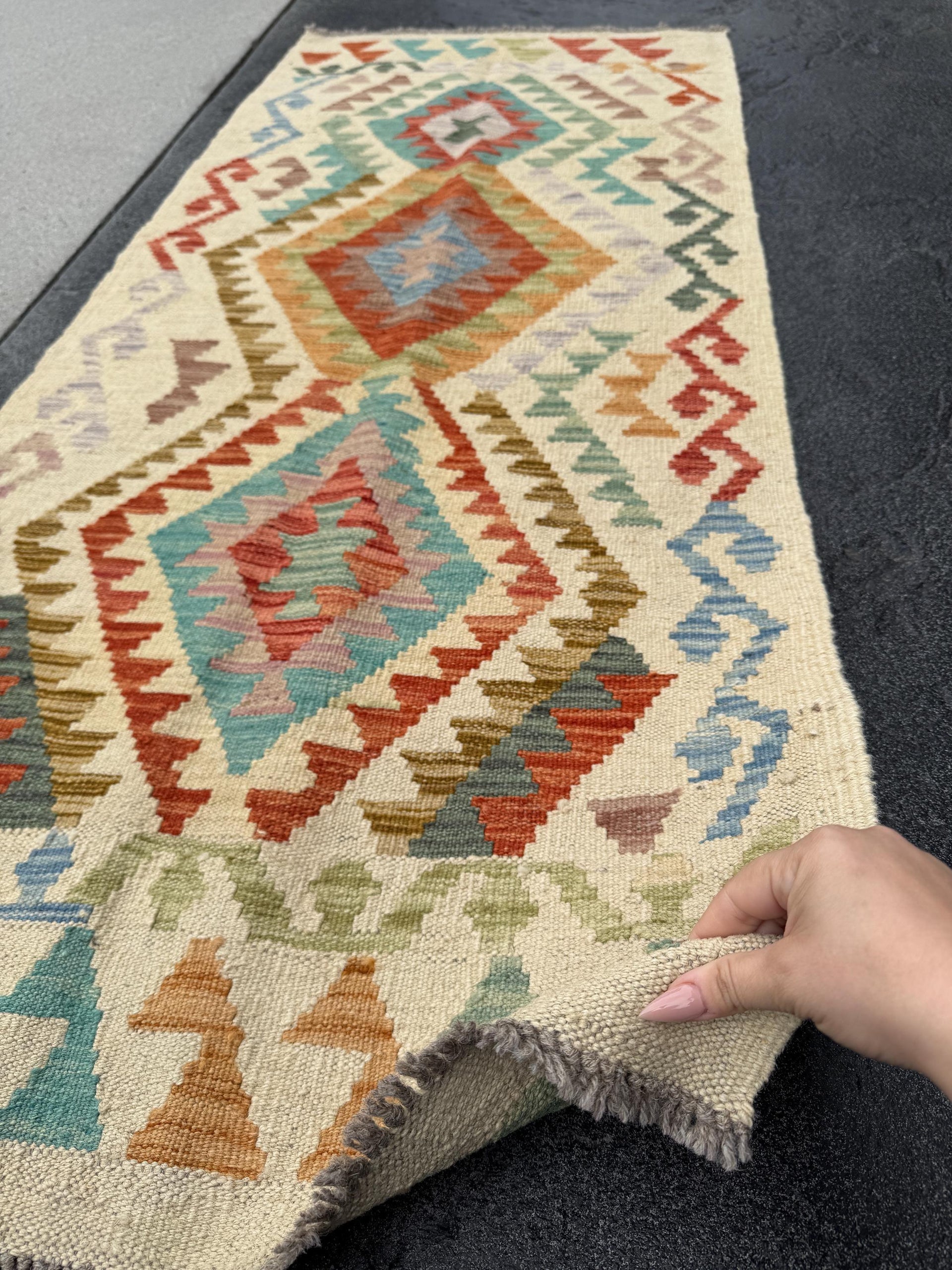2x6 Handmade Afghan Kilim Runner Rug | Cream Sand Tan Brown Peach Rust Orange Denim Aqua Teal Blue Auburn Red Grey Mauve Pink Lavender Green