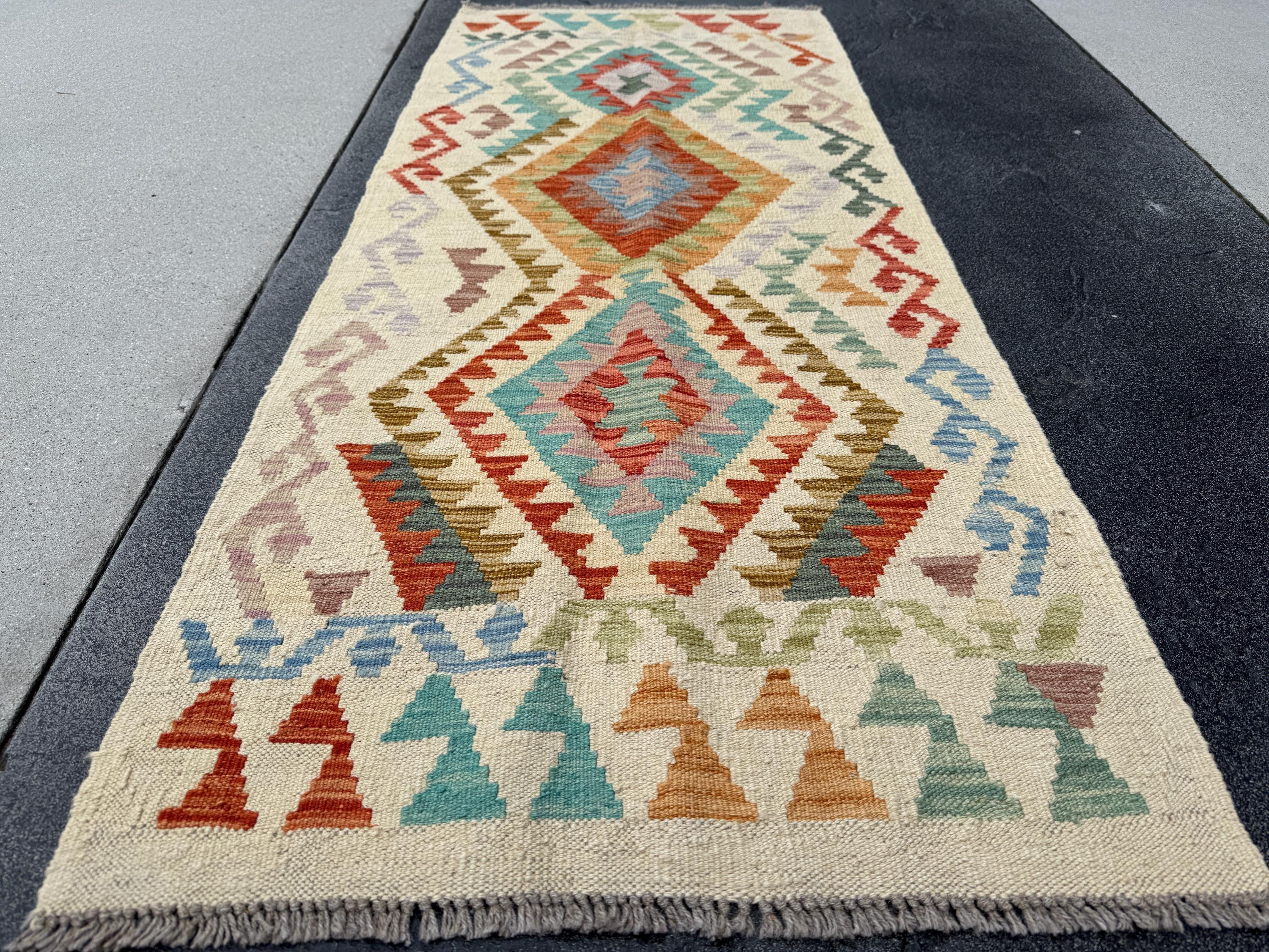 2x6 Handmade Afghan Kilim Runner Rug | Cream Sand Tan Brown Peach Rust Orange Denim Aqua Teal Blue Auburn Red Grey Mauve Pink Lavender Green