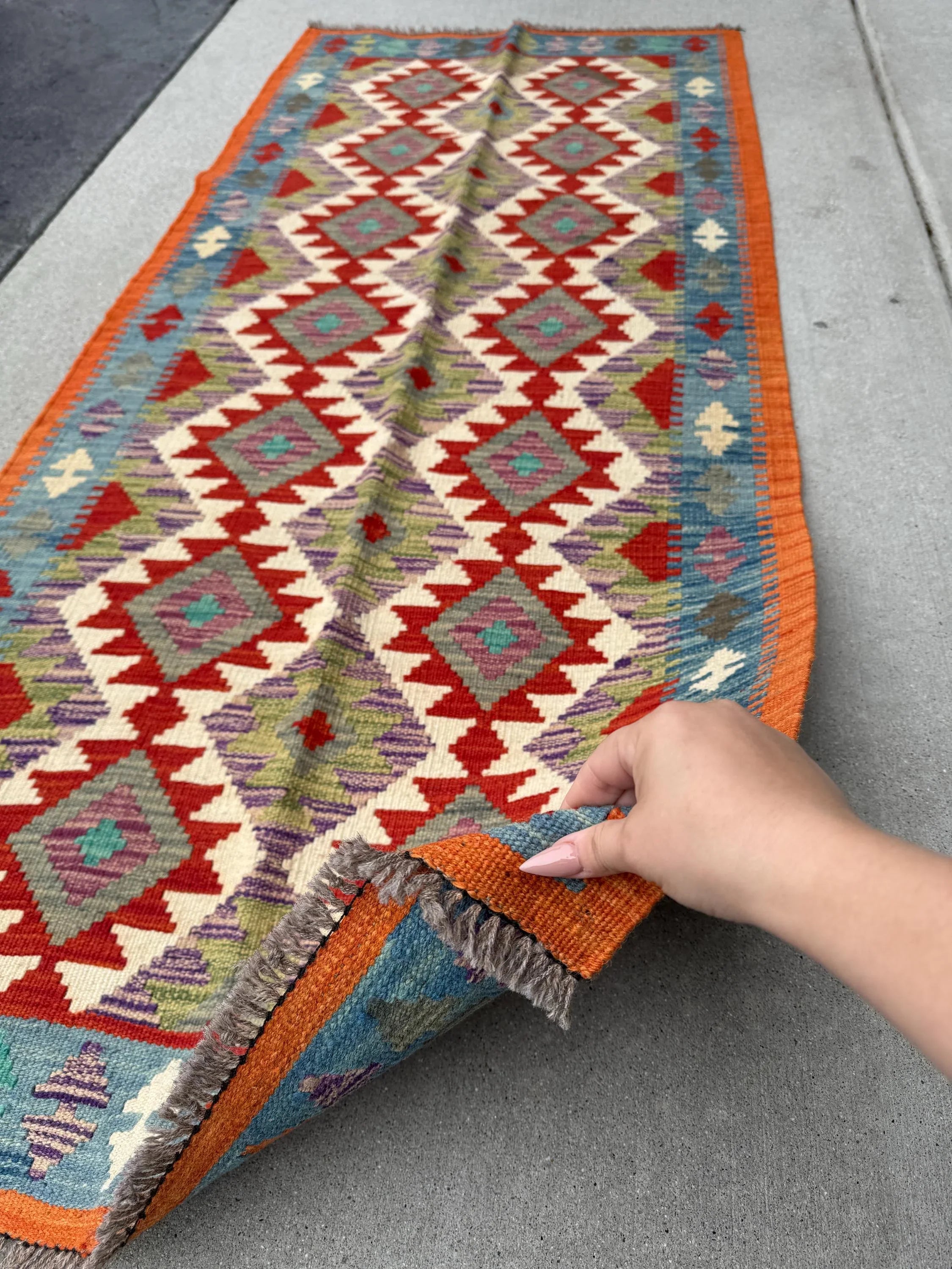 3x6 Handmade Afghan Kilim Runner Rug | Orange Scarlet Blood Red Cream Denim Prussian Turquoise Blue Moss Sage Pine Green Purple Grey | Wool