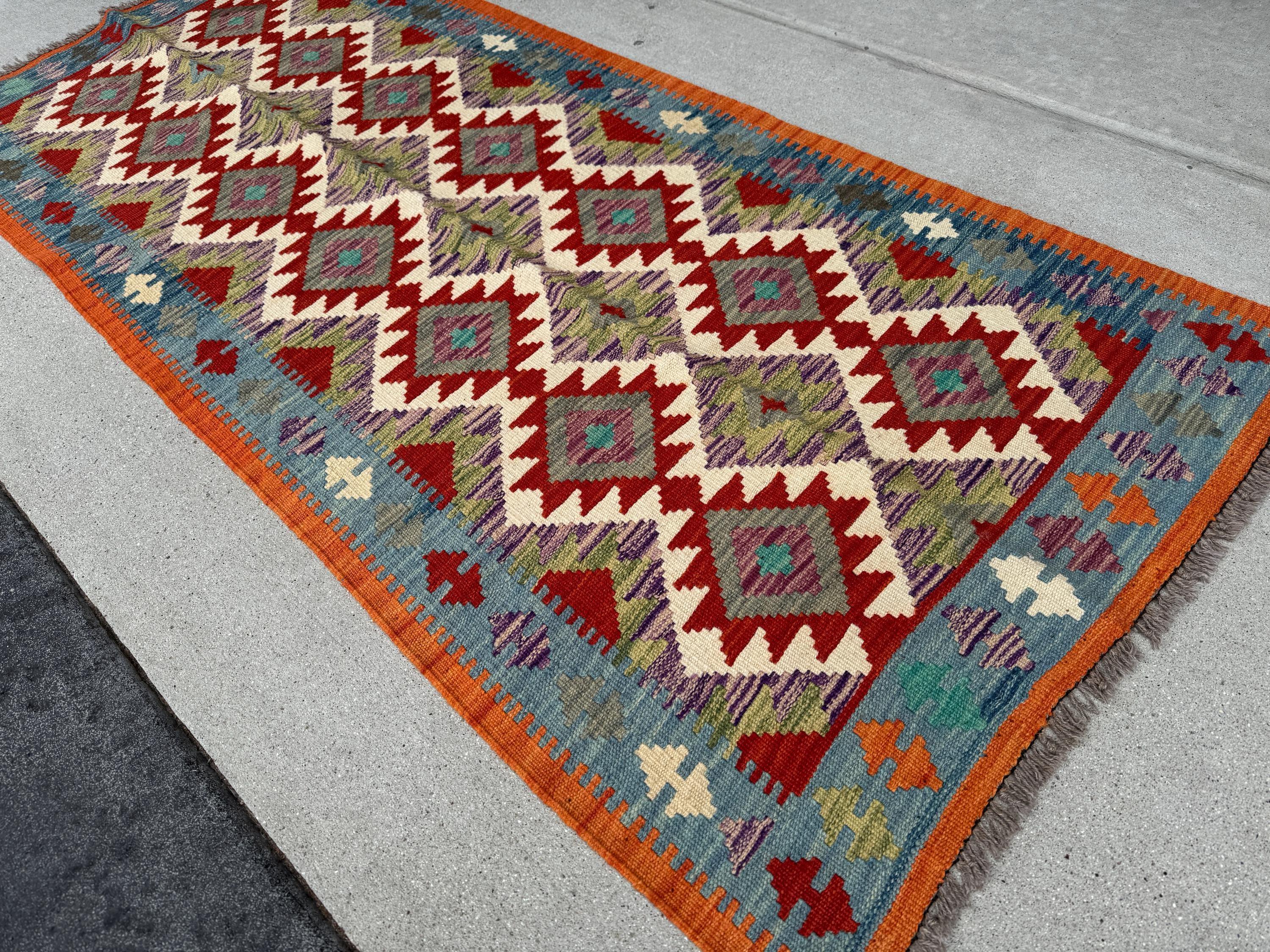 3x6 Handmade Afghan Kilim Runner Rug | Orange Scarlet Blood Red Cream Denim Prussian Turquoise Blue Moss Sage Pine Green Purple Grey | Wool