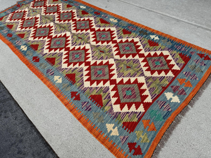 3x6 Handmade Afghan Kilim Runner Rug | Orange Scarlet Blood Red Cream Denim Prussian Turquoise Blue Moss Sage Pine Green Purple Grey | Wool